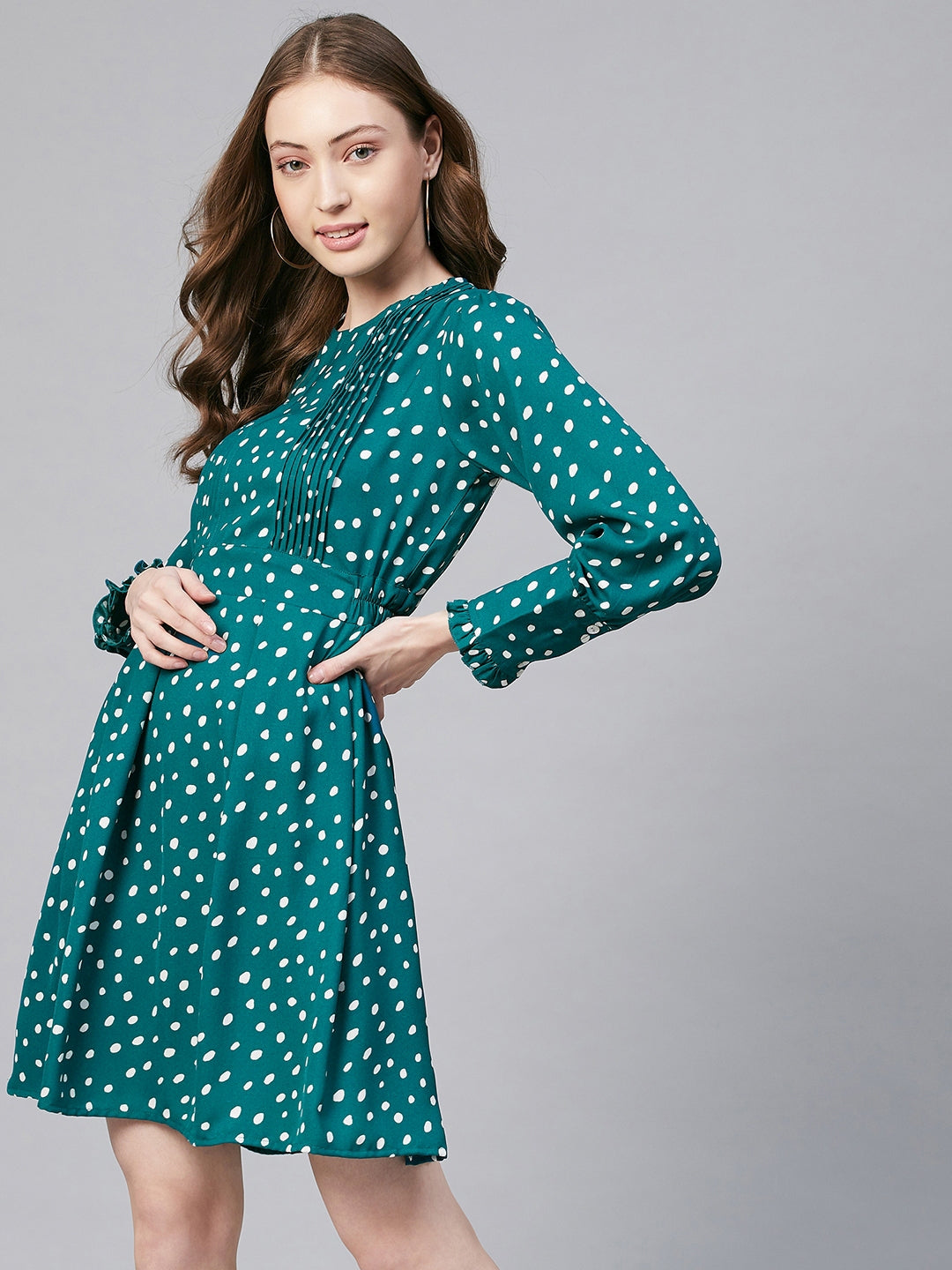 Women's Green & White Polka Polyester Pintuck Dress