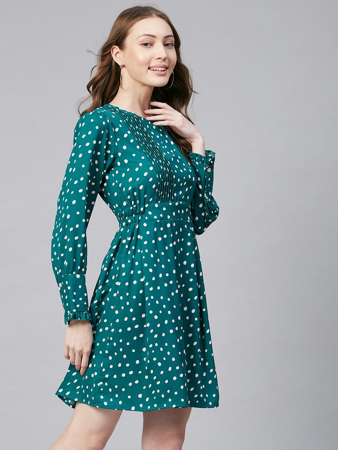 Women's Green & White Polka Polyester Pintuck Dress