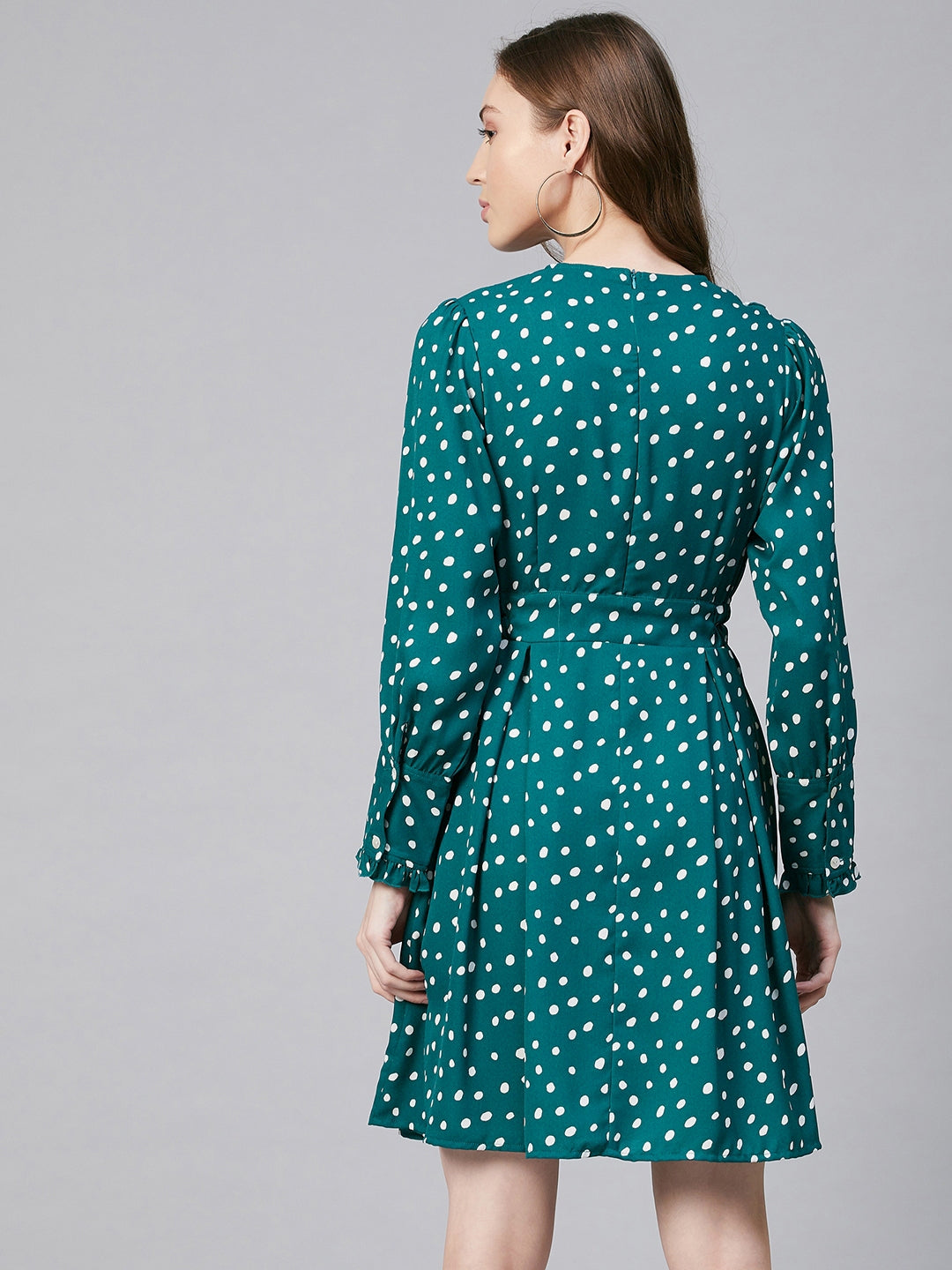 Women's Green & White Polka Polyester Pintuck Dress