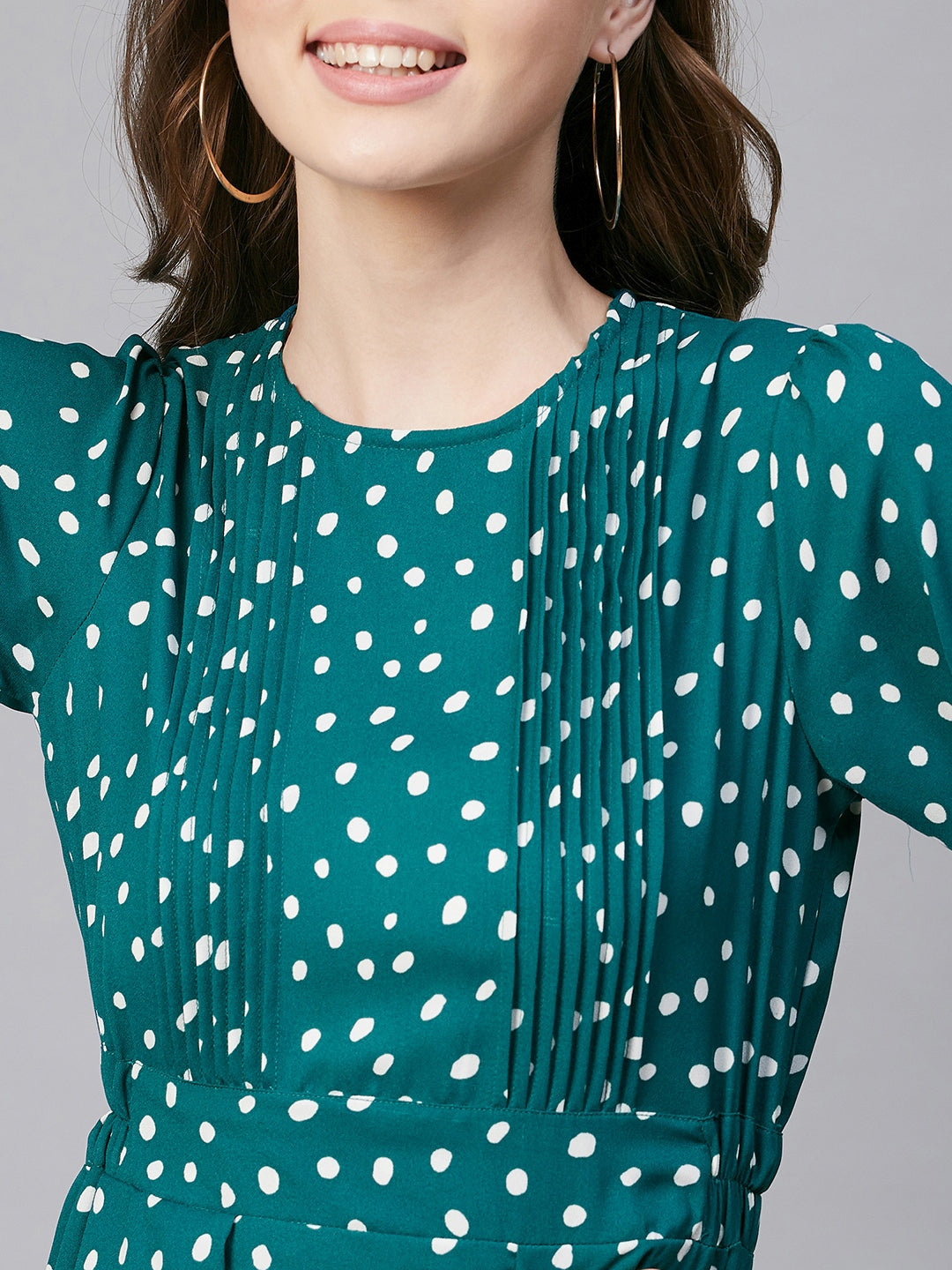 Women's Green & White Polka Polyester Pintuck Dress