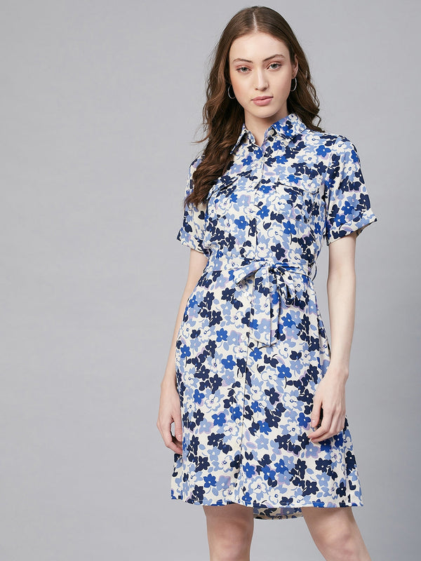 Women's Blue & White Floral Polyester Shirt Dress