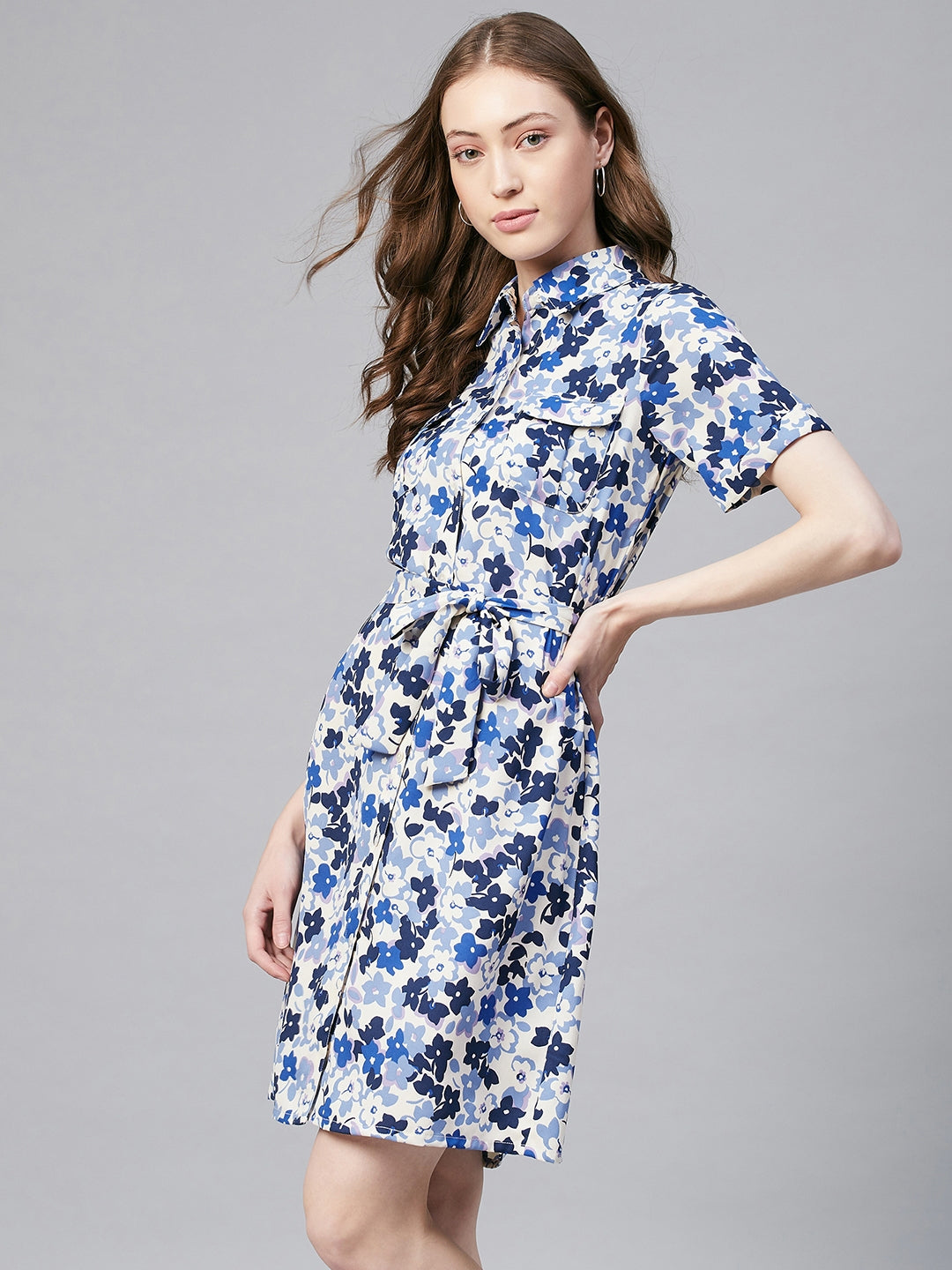 Women's Blue & White Floral Polyester Shirt Dress