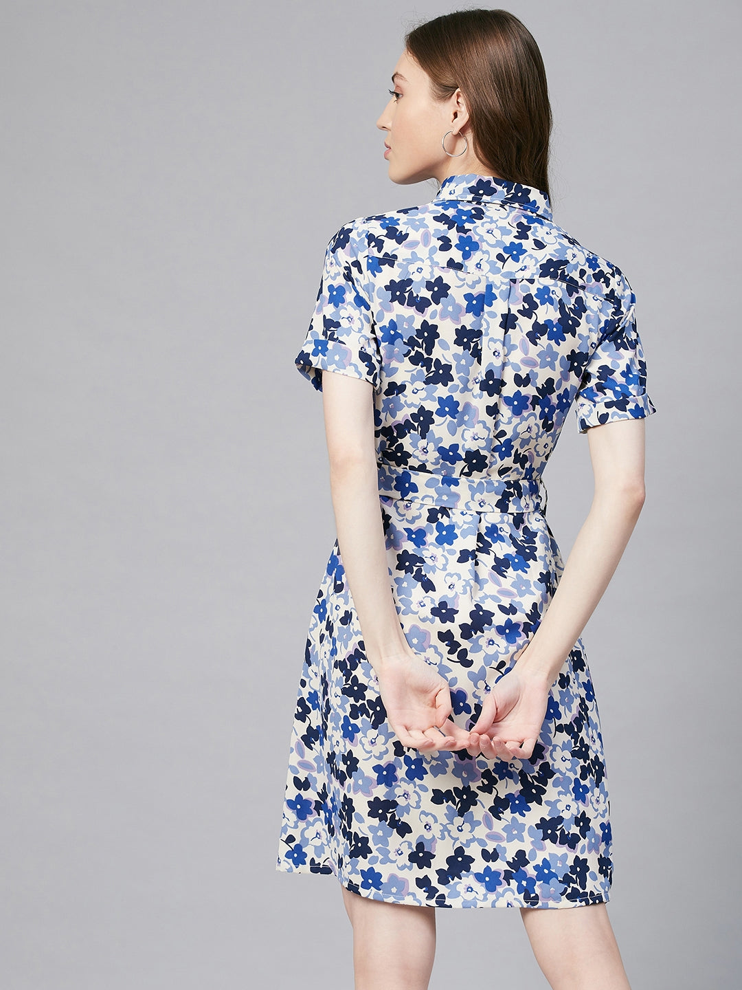 Women's Blue & White Floral Polyester Shirt Dress