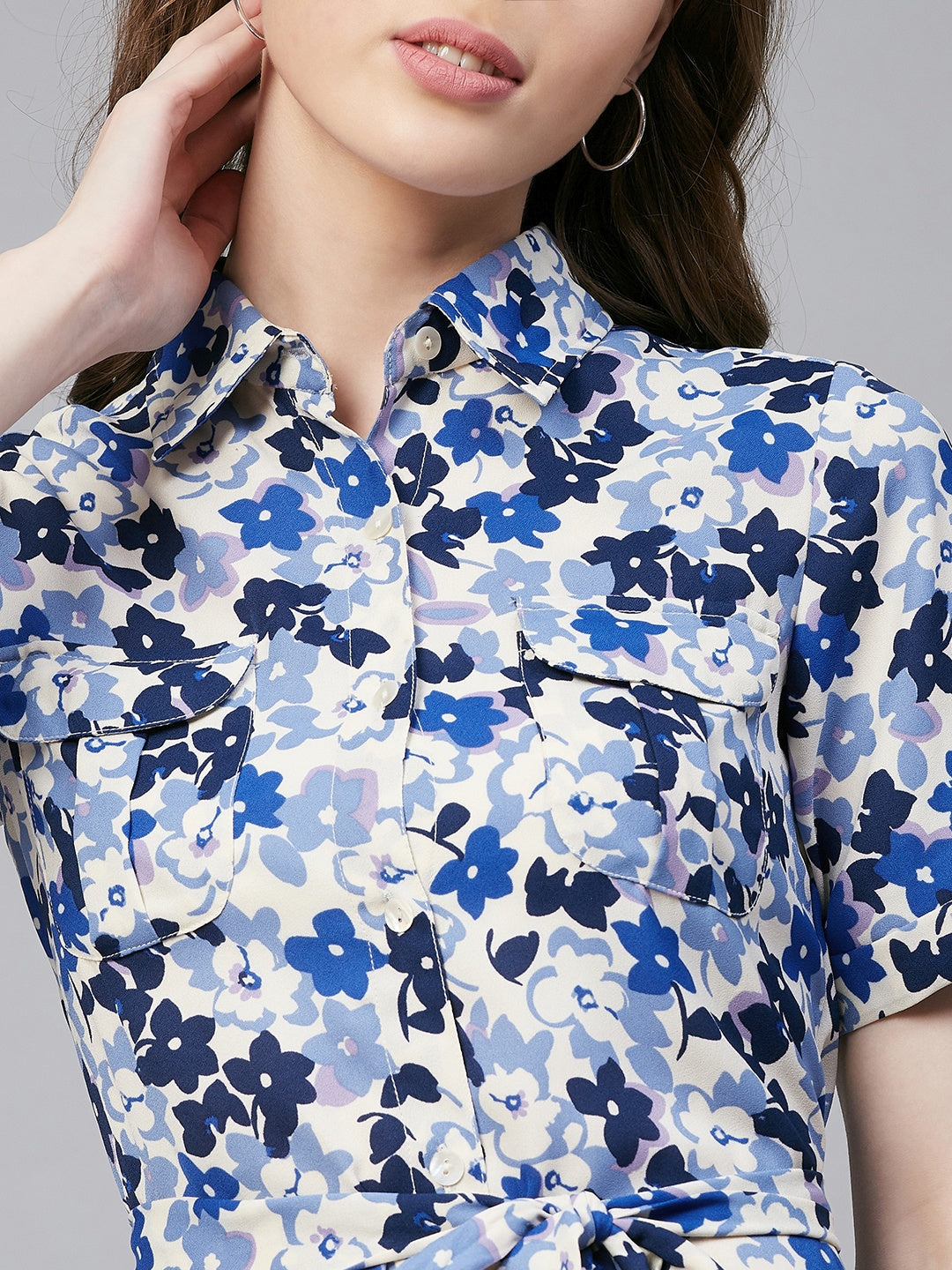 Women's Blue & White Floral Polyester Shirt Dress
