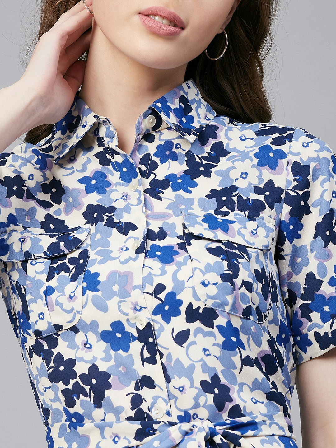 Women's Blue & White Floral Polyester Shirt Dress – Stylestone
