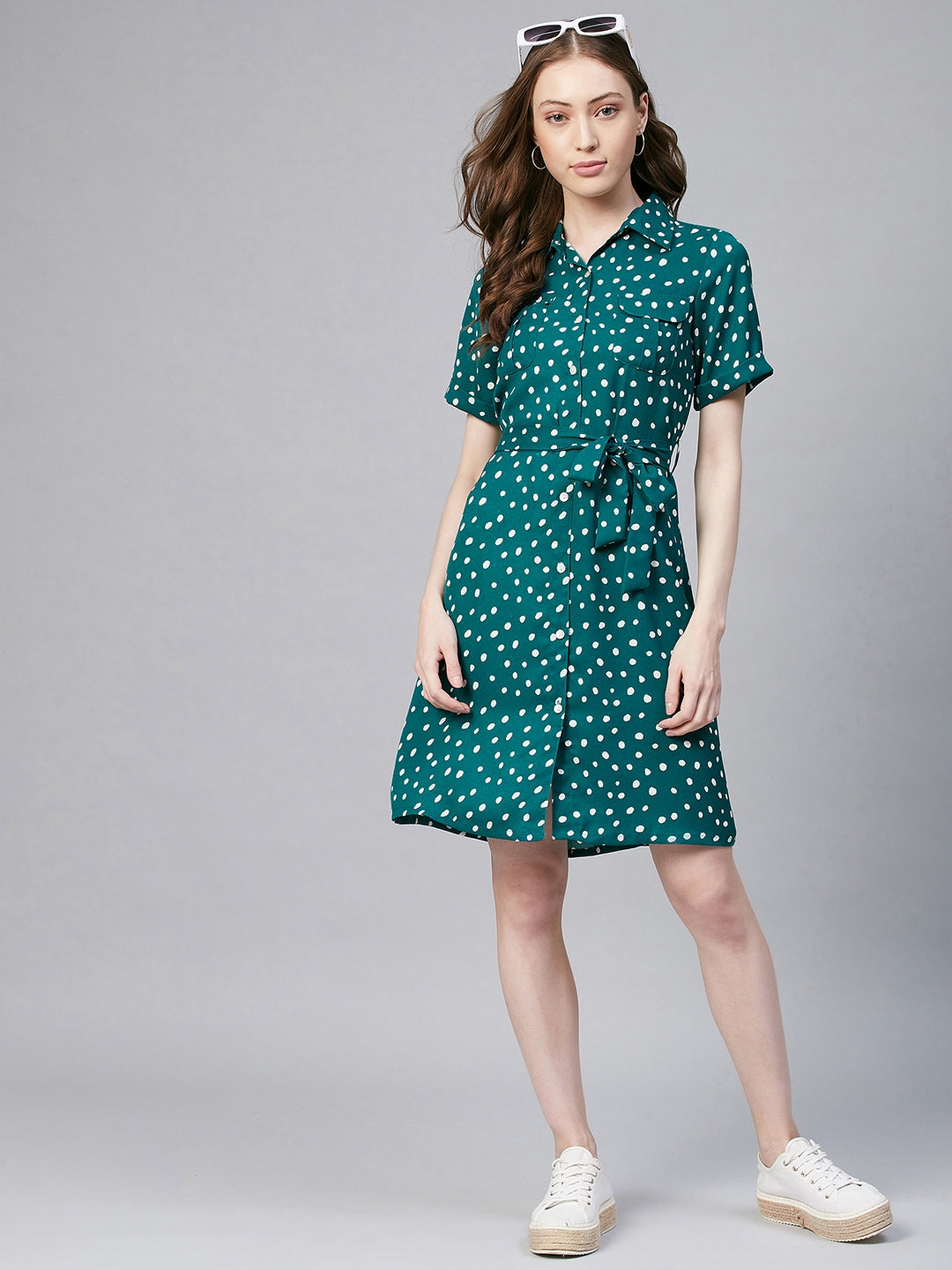 Women's Green & White Polka Polyester Shirt Dress