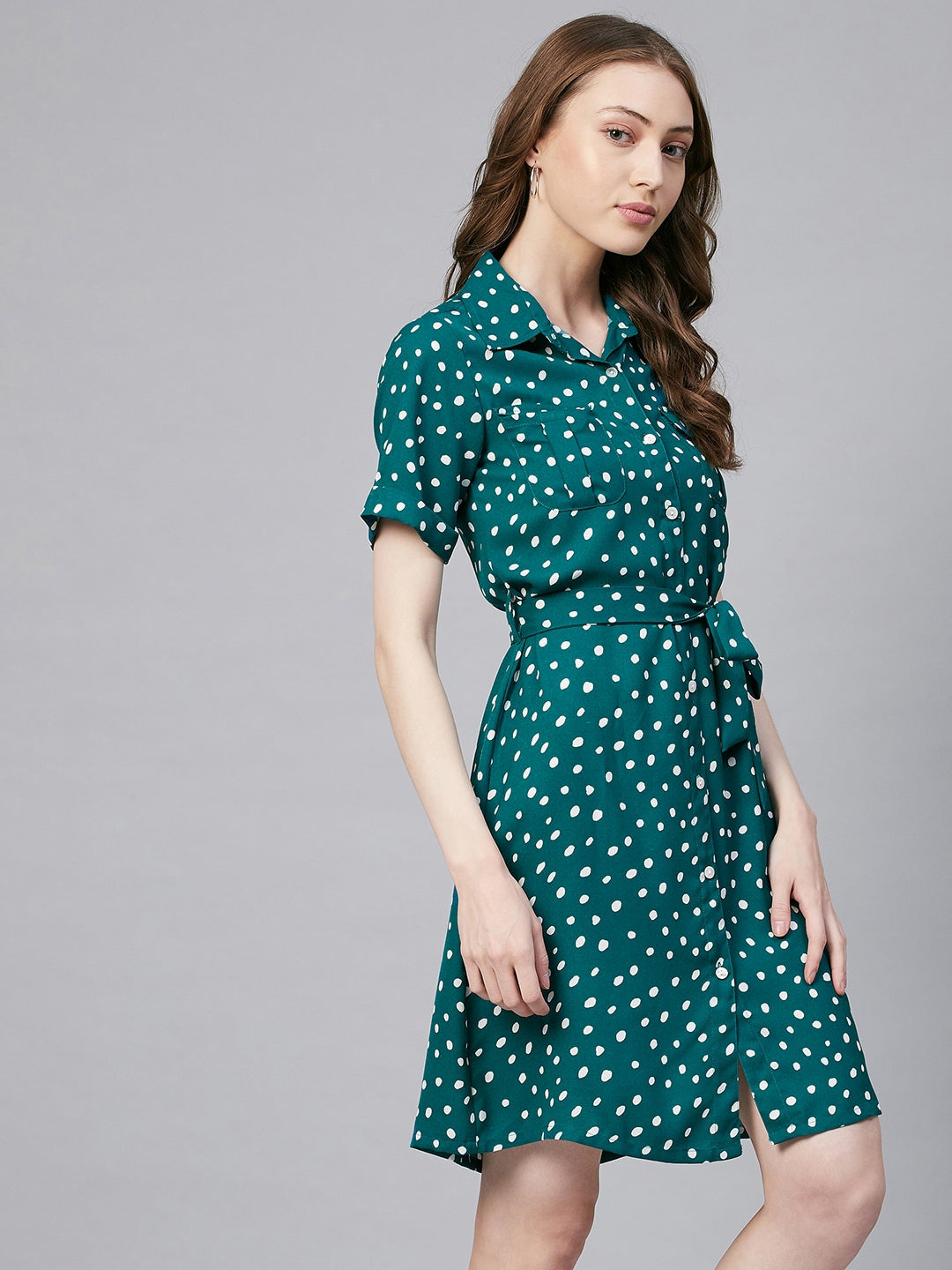 Women's Green & White Polka Polyester Shirt Dress