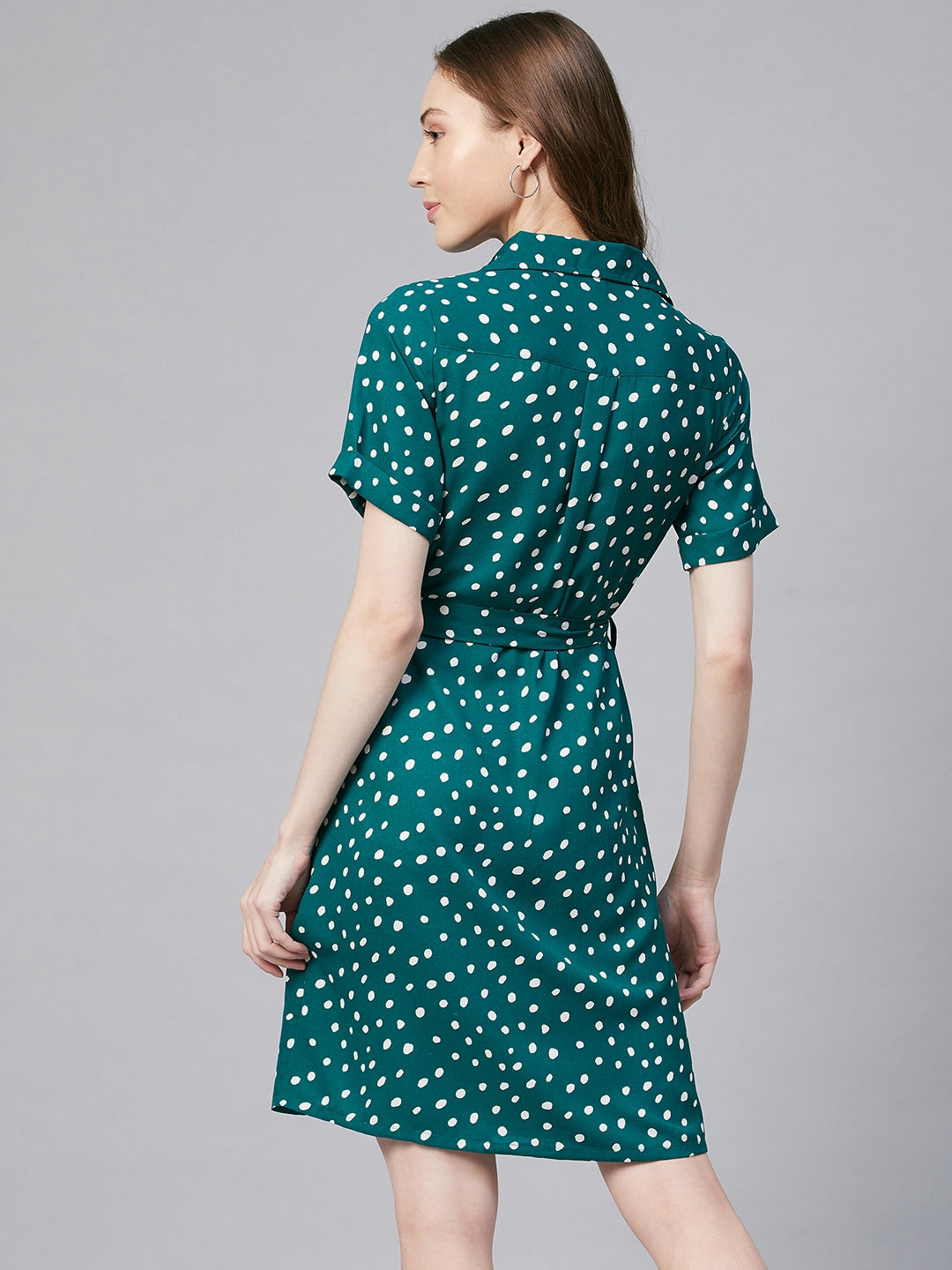 Women's Green & White Polka Polyester Shirt Dress