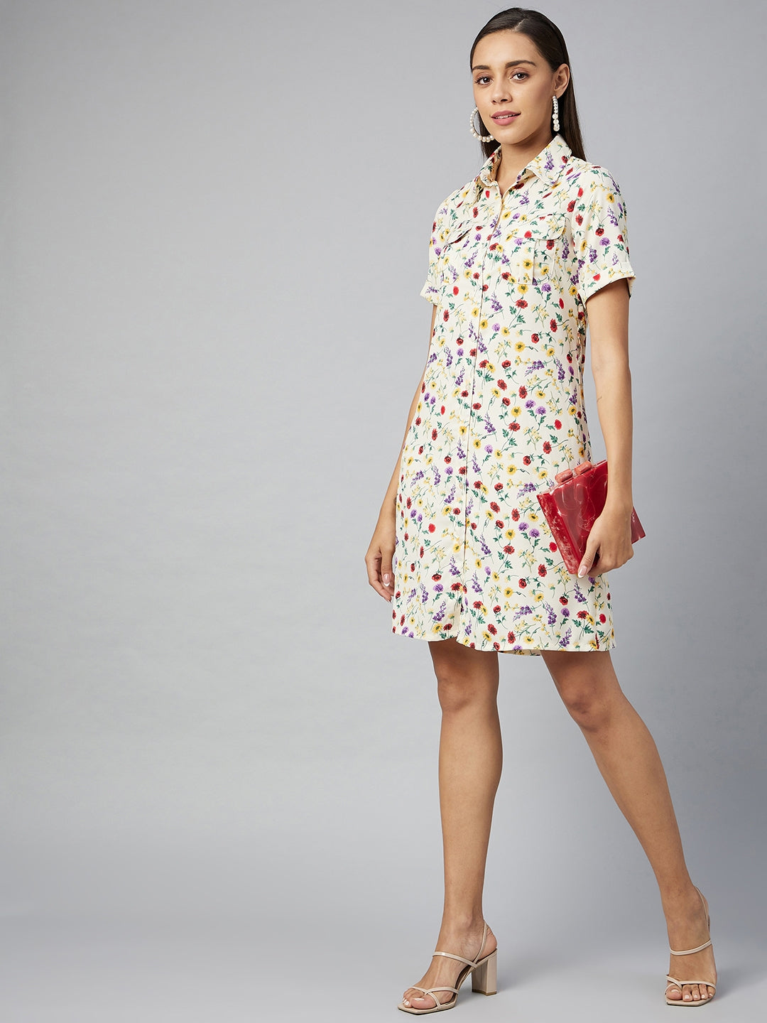 Women's Multi Floral Polyester Shirt Dress