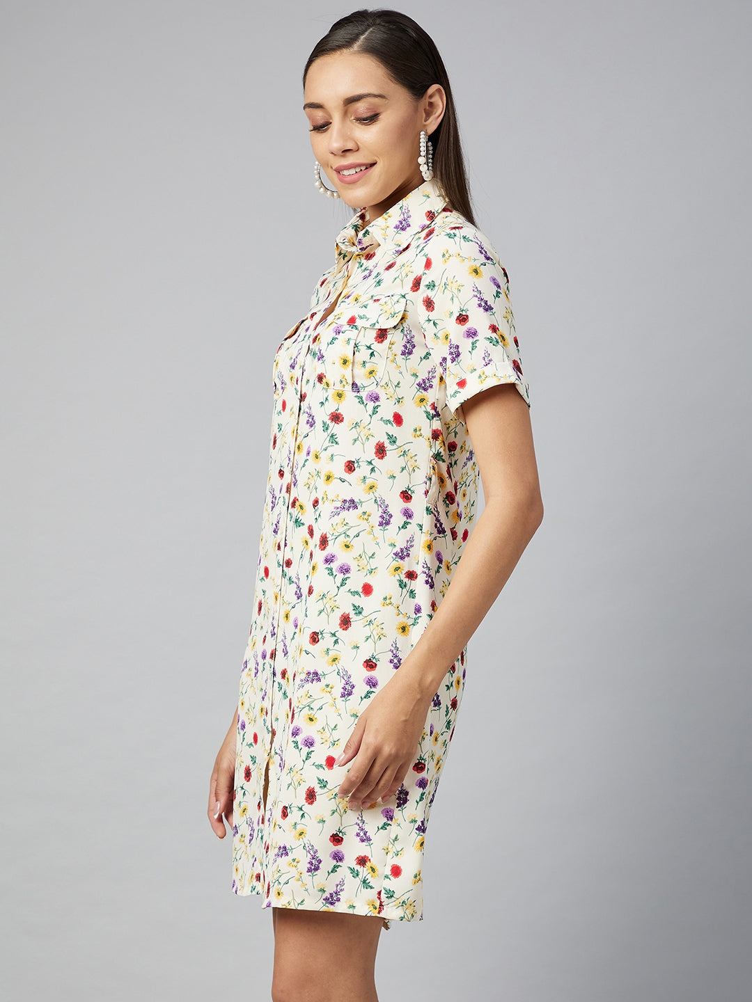Women's Multi Floral Polyester Shirt Dress
