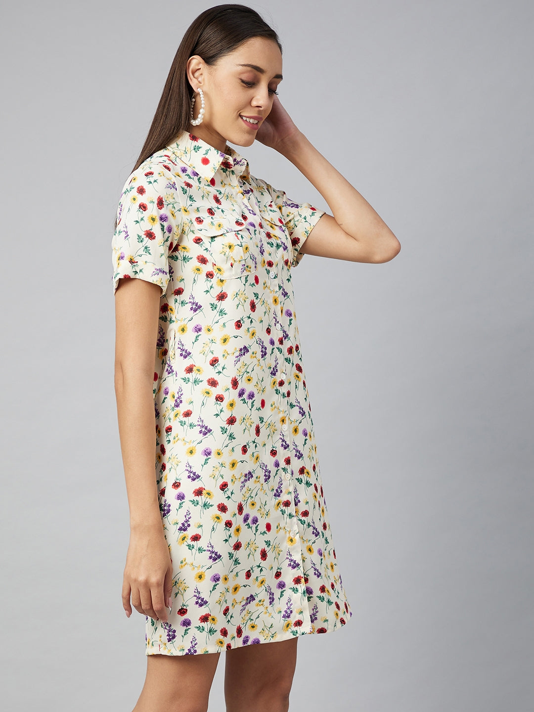 Women's Multi Floral Polyester Shirt Dress