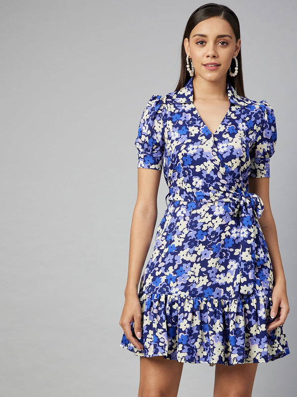 Women's Blue Overlap Floral Polyester Dress