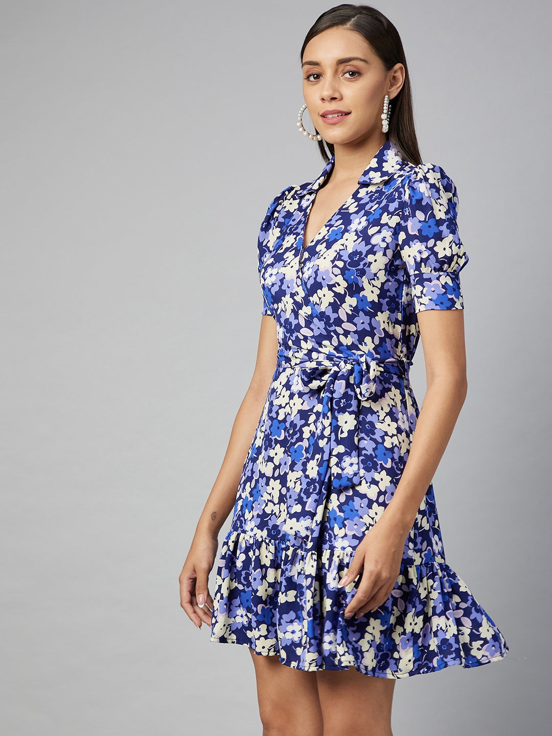 Women's Blue Overlap Floral Polyester Dress