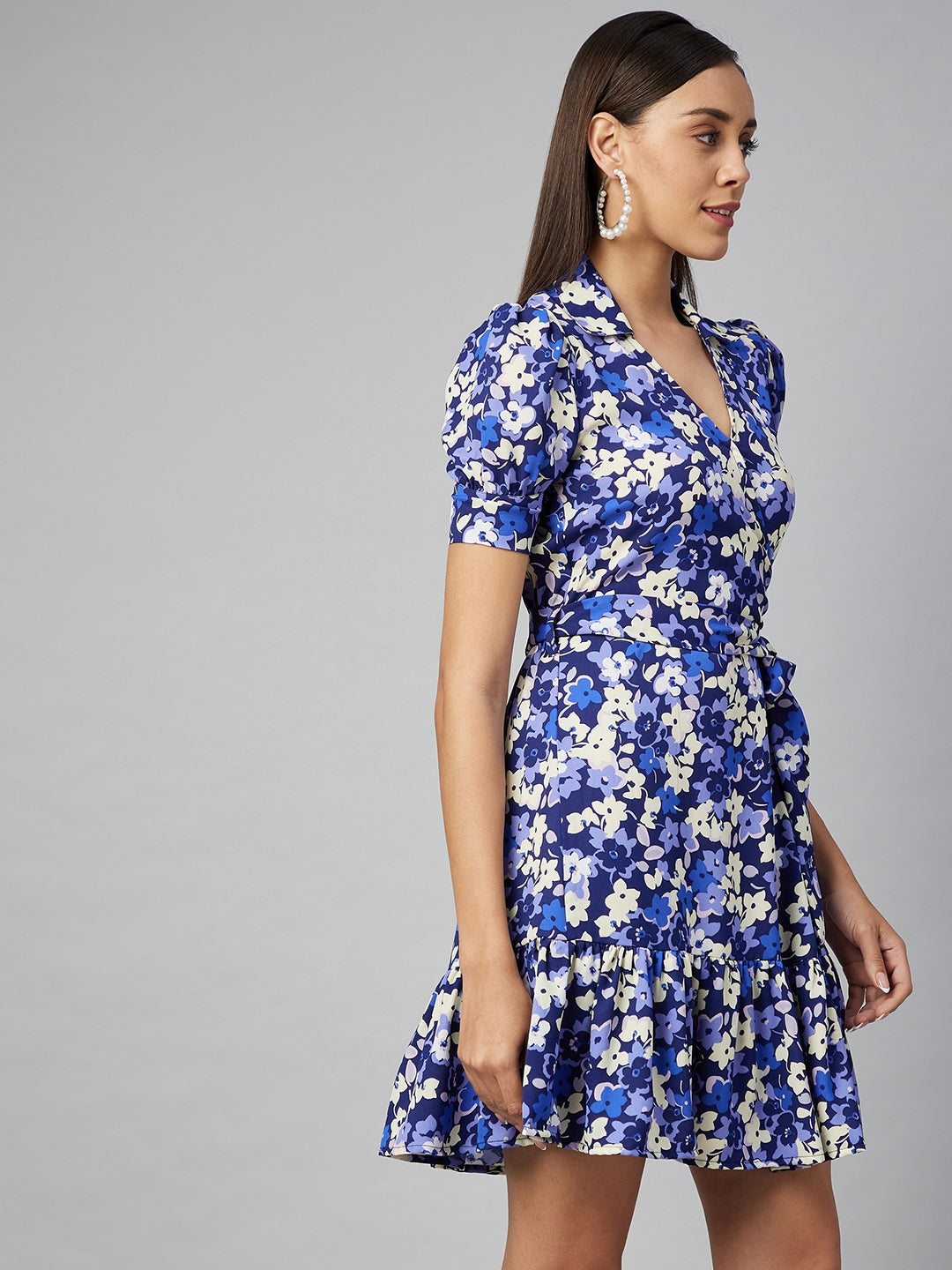 Women's Blue Overlap Floral Polyester Dress