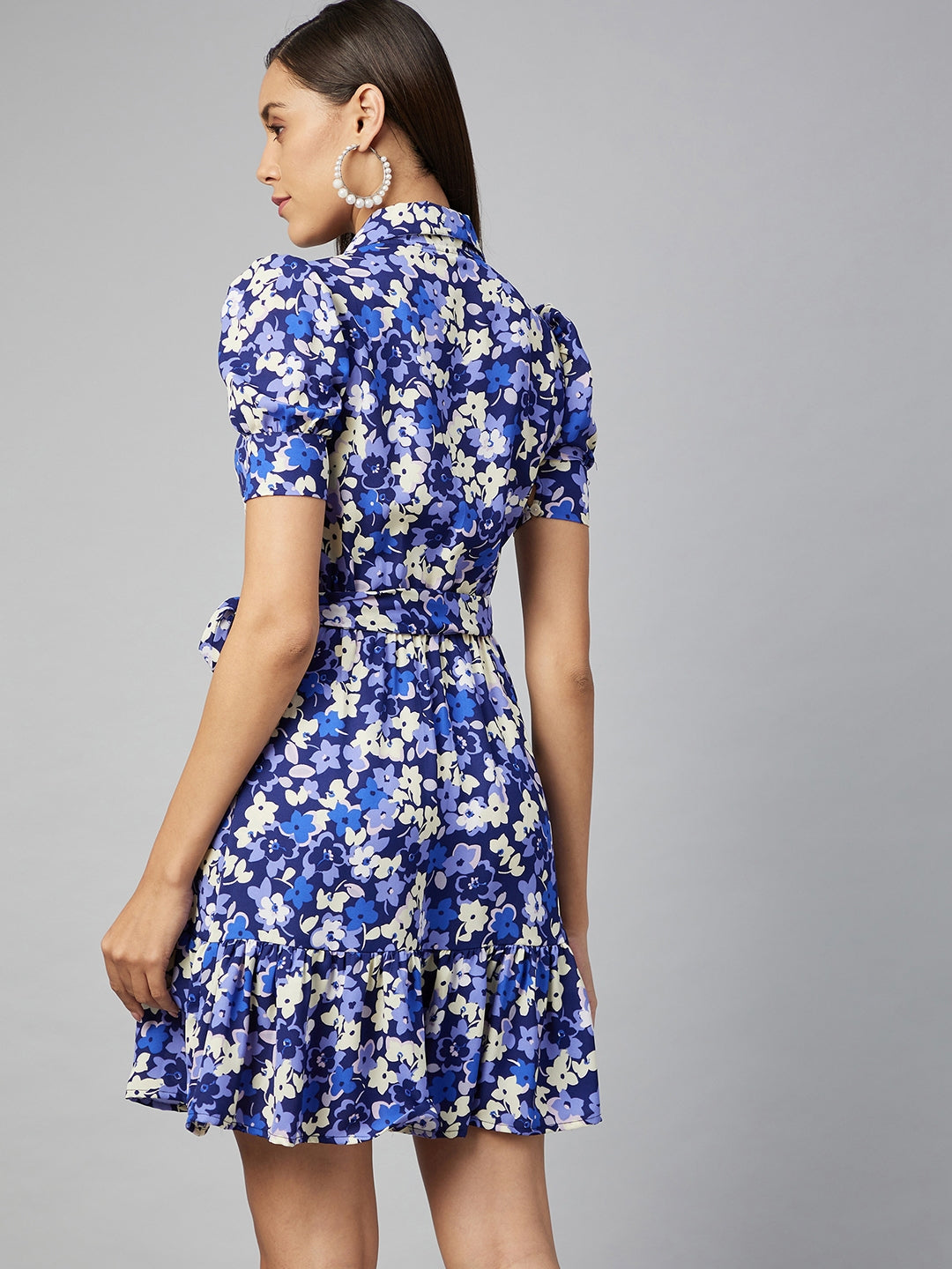 Women's Blue Overlap Floral Polyester Dress