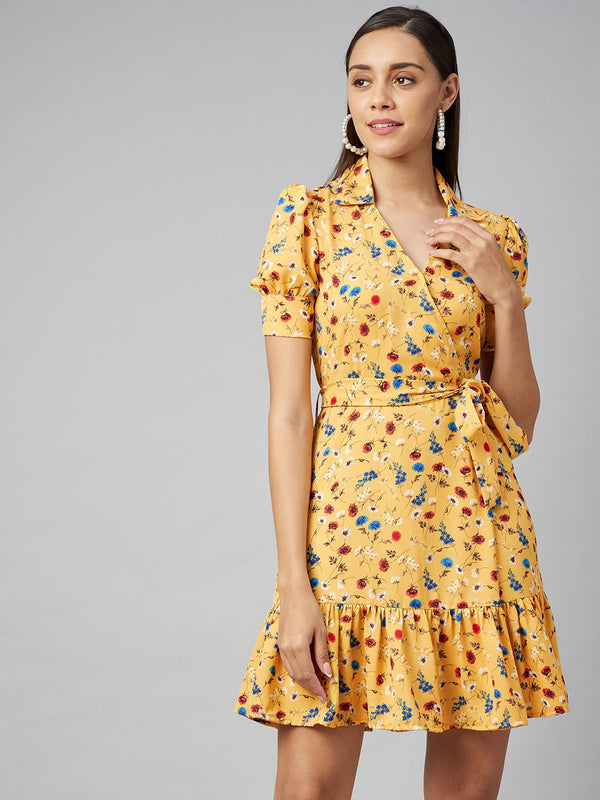 Women's Yellow Floral Overlap Polyester Dress