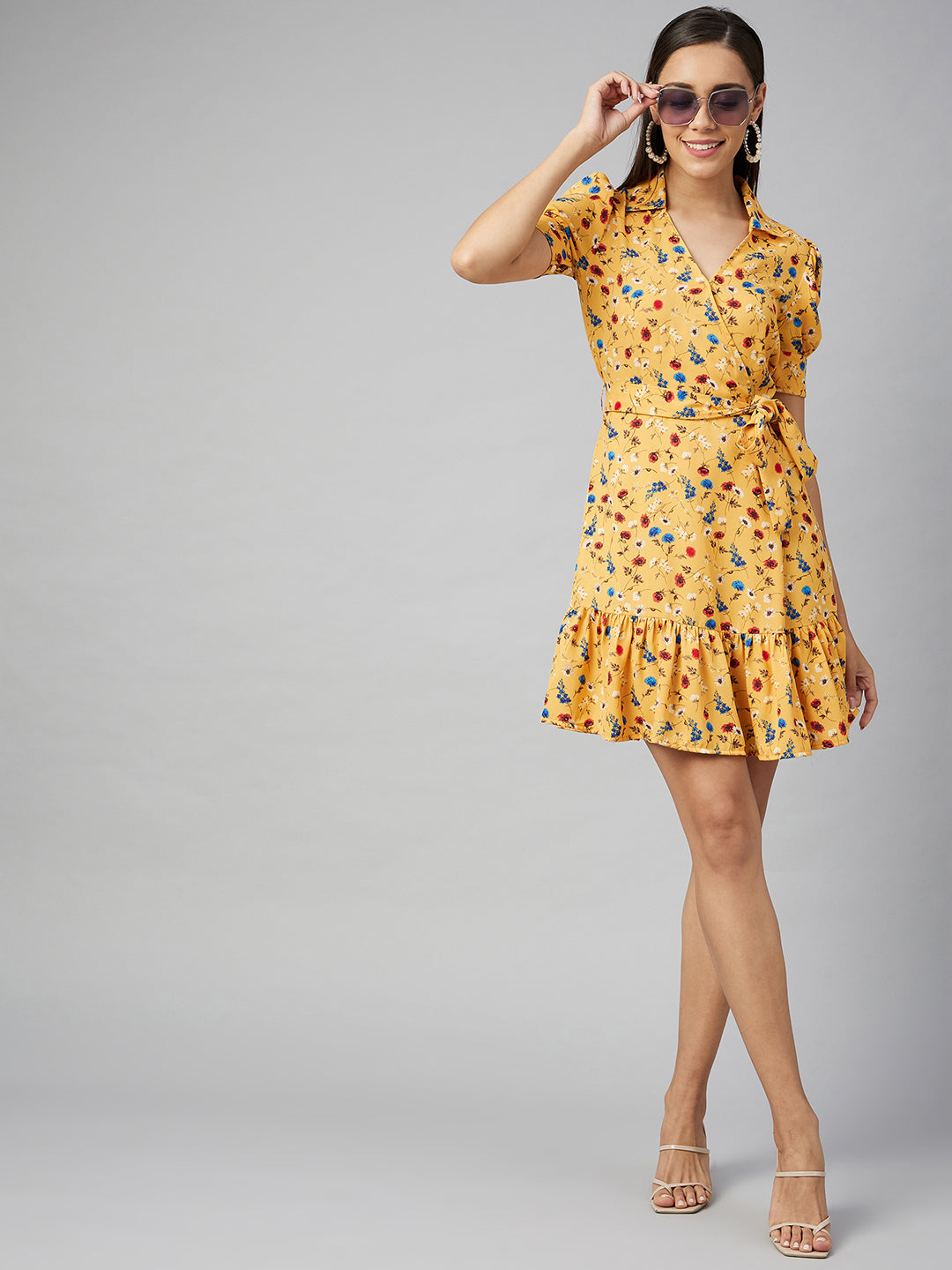 Women's Yellow Floral Overlap Polyester Dress