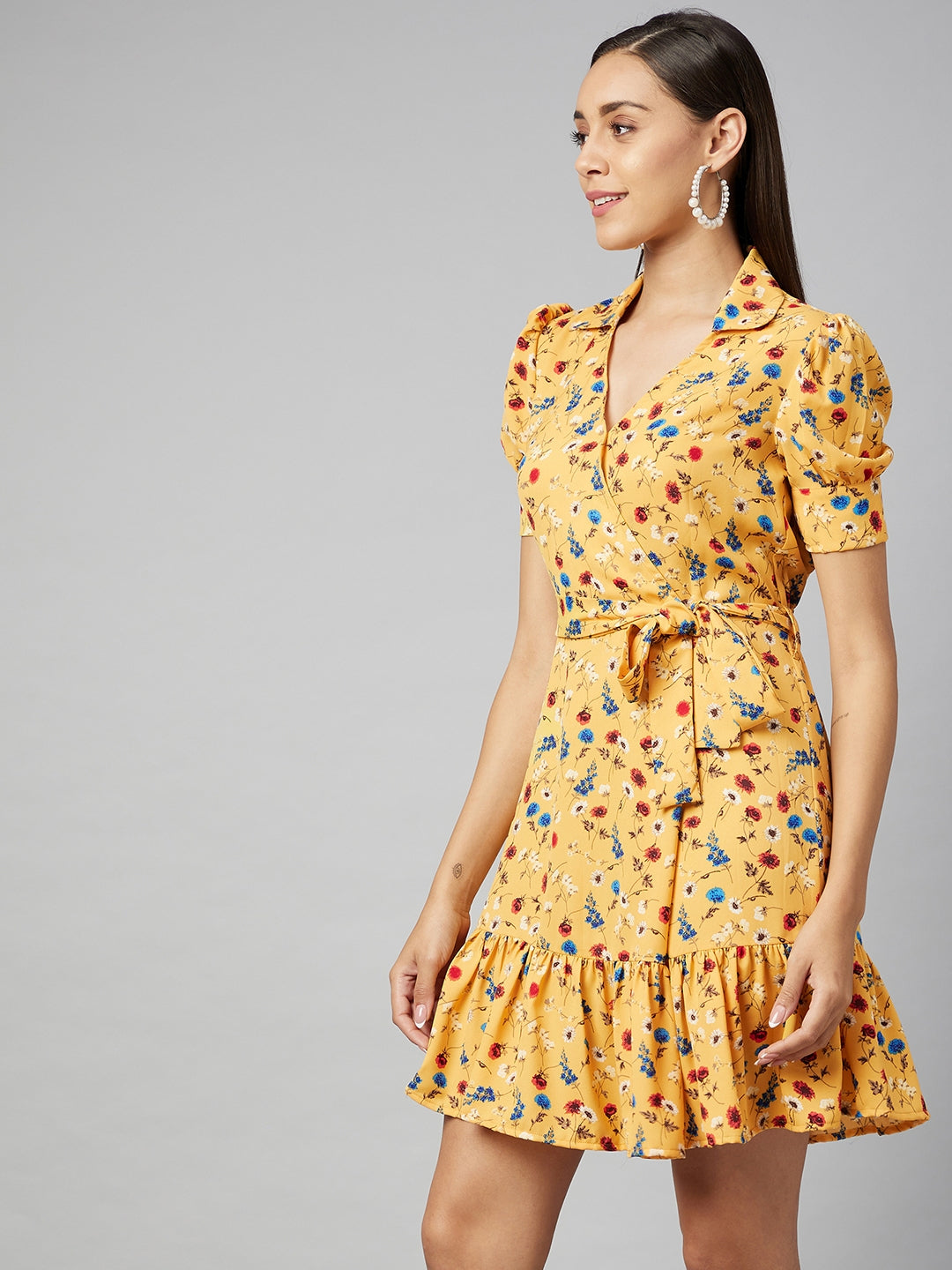 Women's Yellow Floral Overlap Polyester Dress