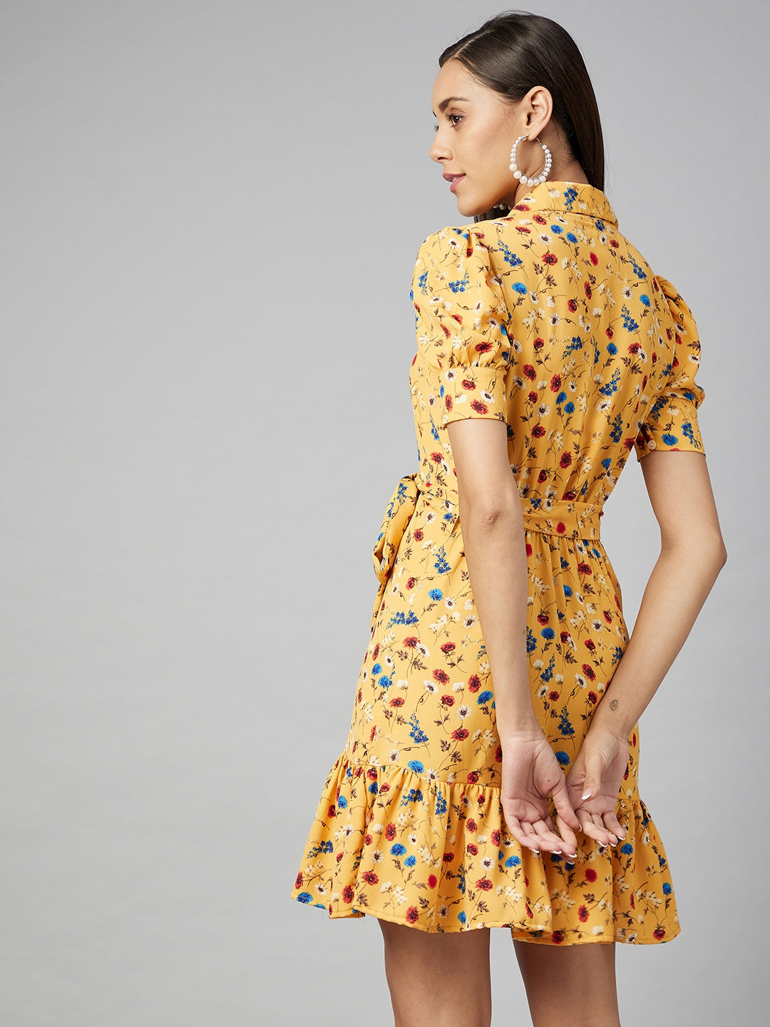 Women's Yellow Floral Overlap Polyester Dress