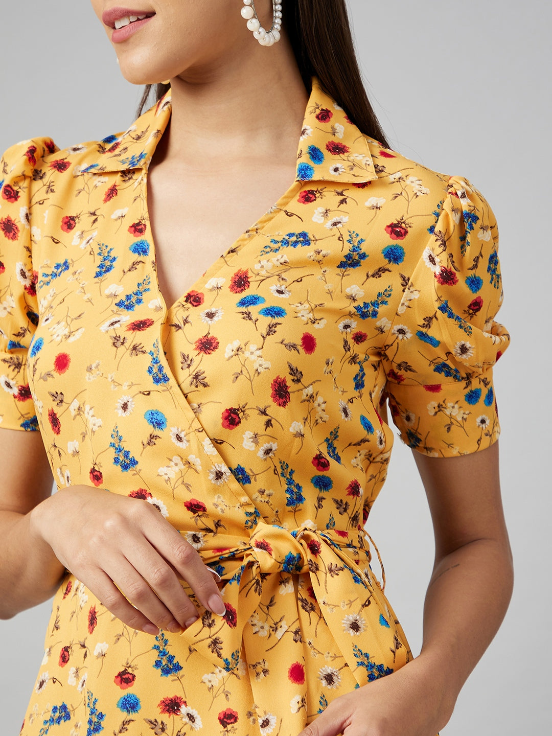 Women's Yellow Floral Overlap Polyester Dress
