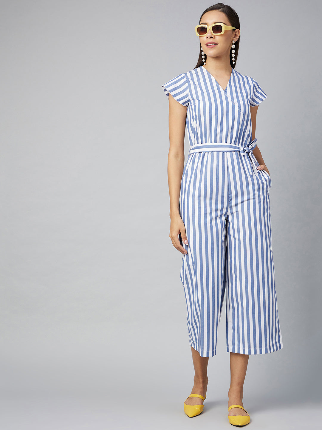 Women's Blue Stripe Cotton Blend Jumpsuit