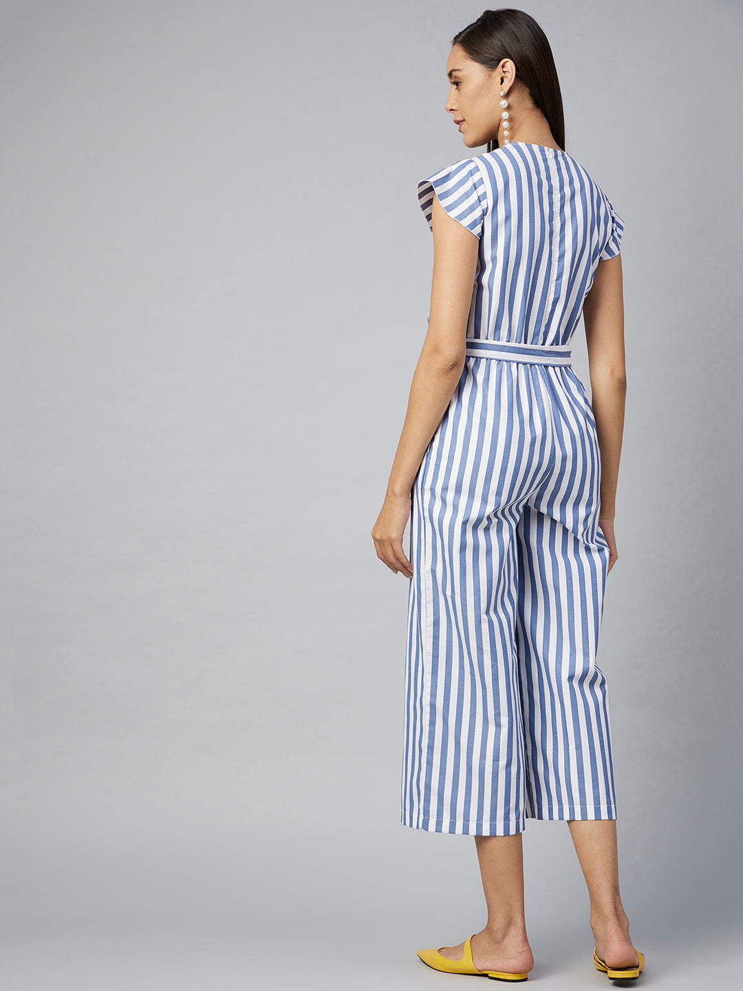 Women's Blue Stripe Cotton Blend Jumpsuit
