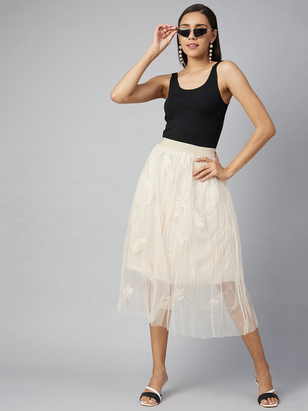 Women's Beige self embroidered Net Skirt with Lining