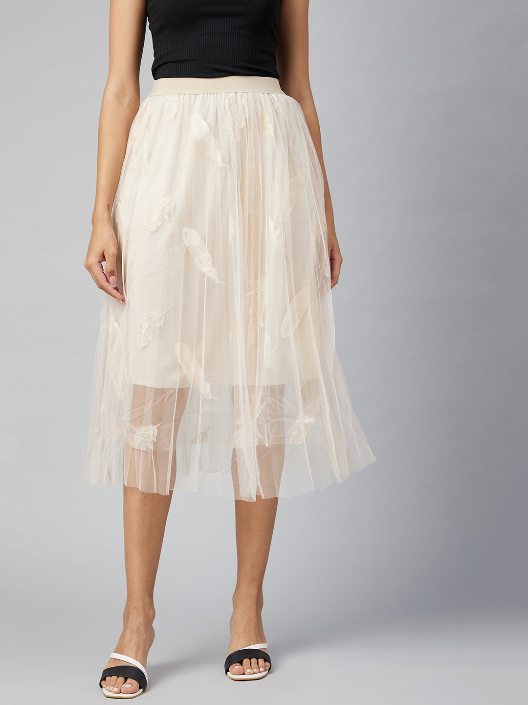 Women's Beige self embroidered Net Skirt with Lining