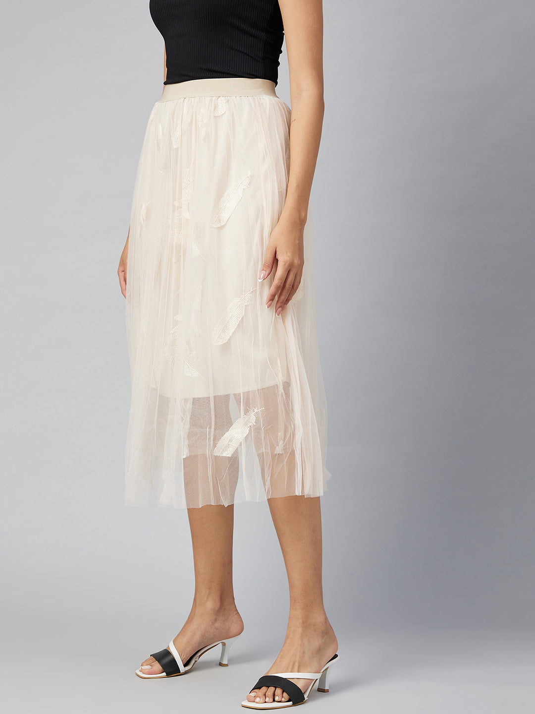 Women's Beige self embroidered Net Skirt with Lining