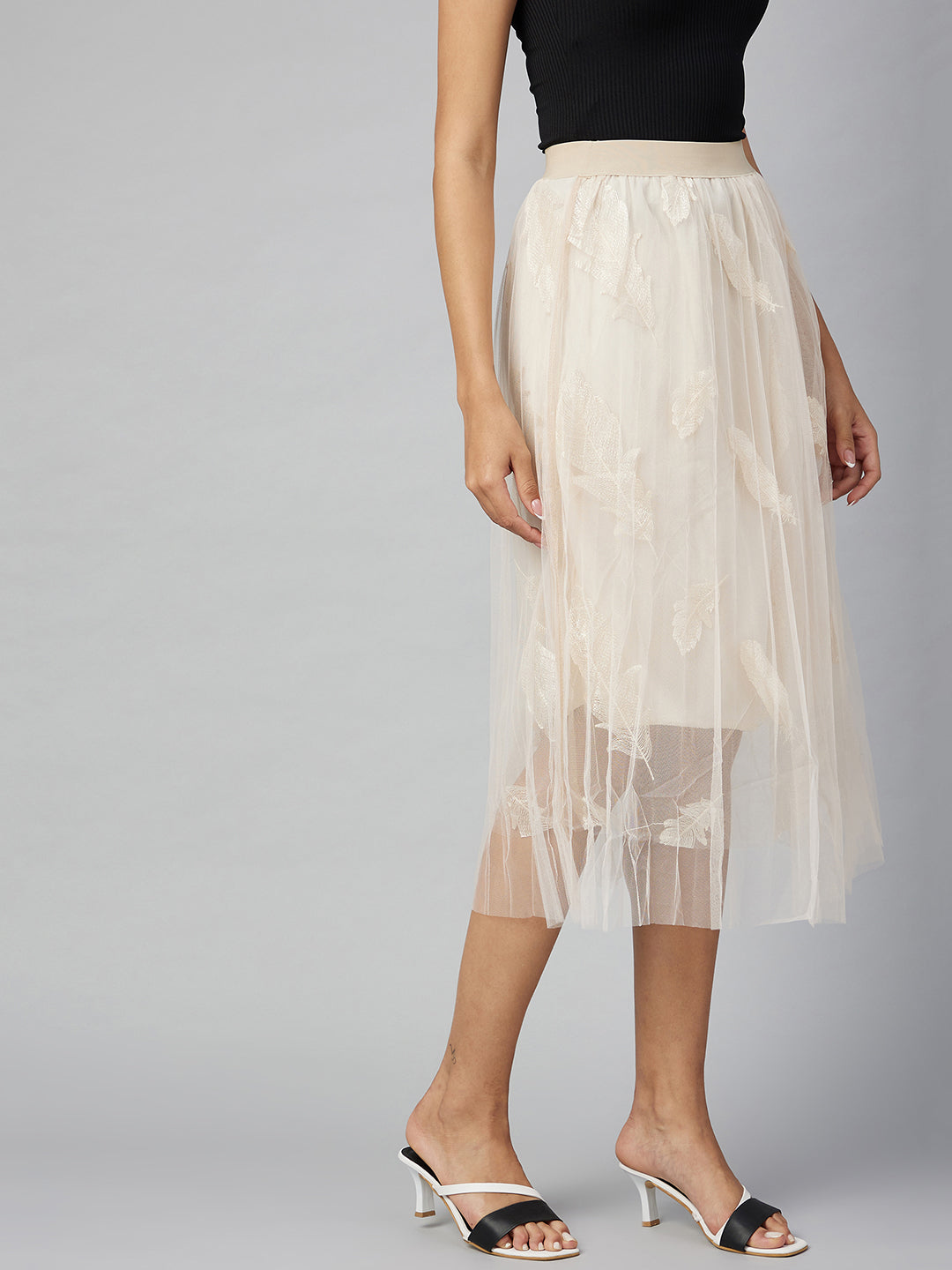 Women's Beige self embroidered Net Skirt with Lining