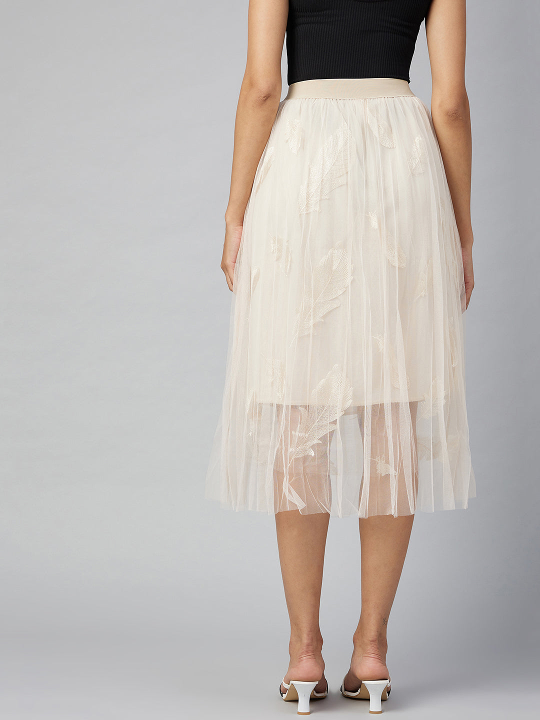 Women's Beige self embroidered Net Skirt with Lining