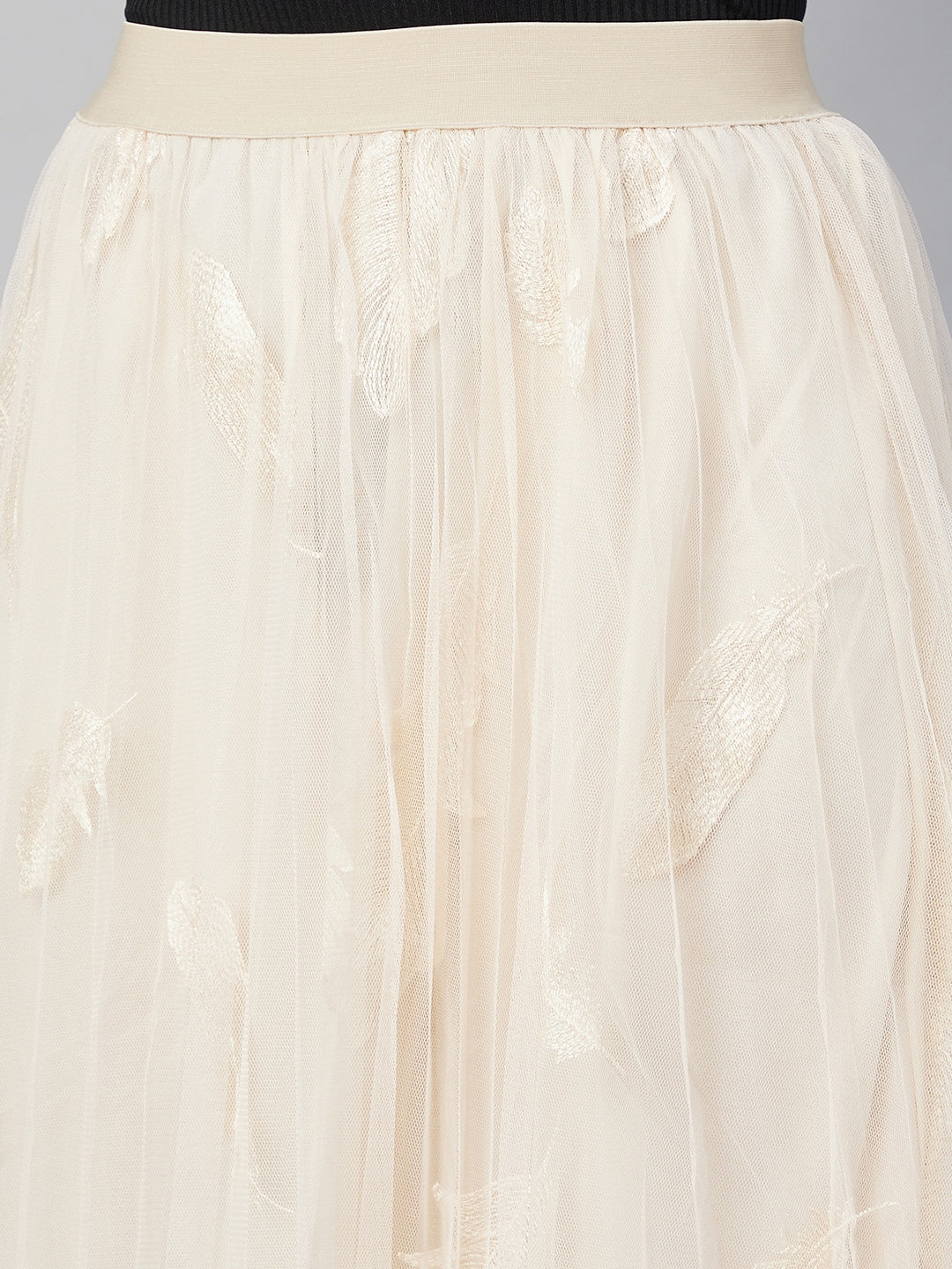 Women's Beige self embroidered Net Skirt with Lining