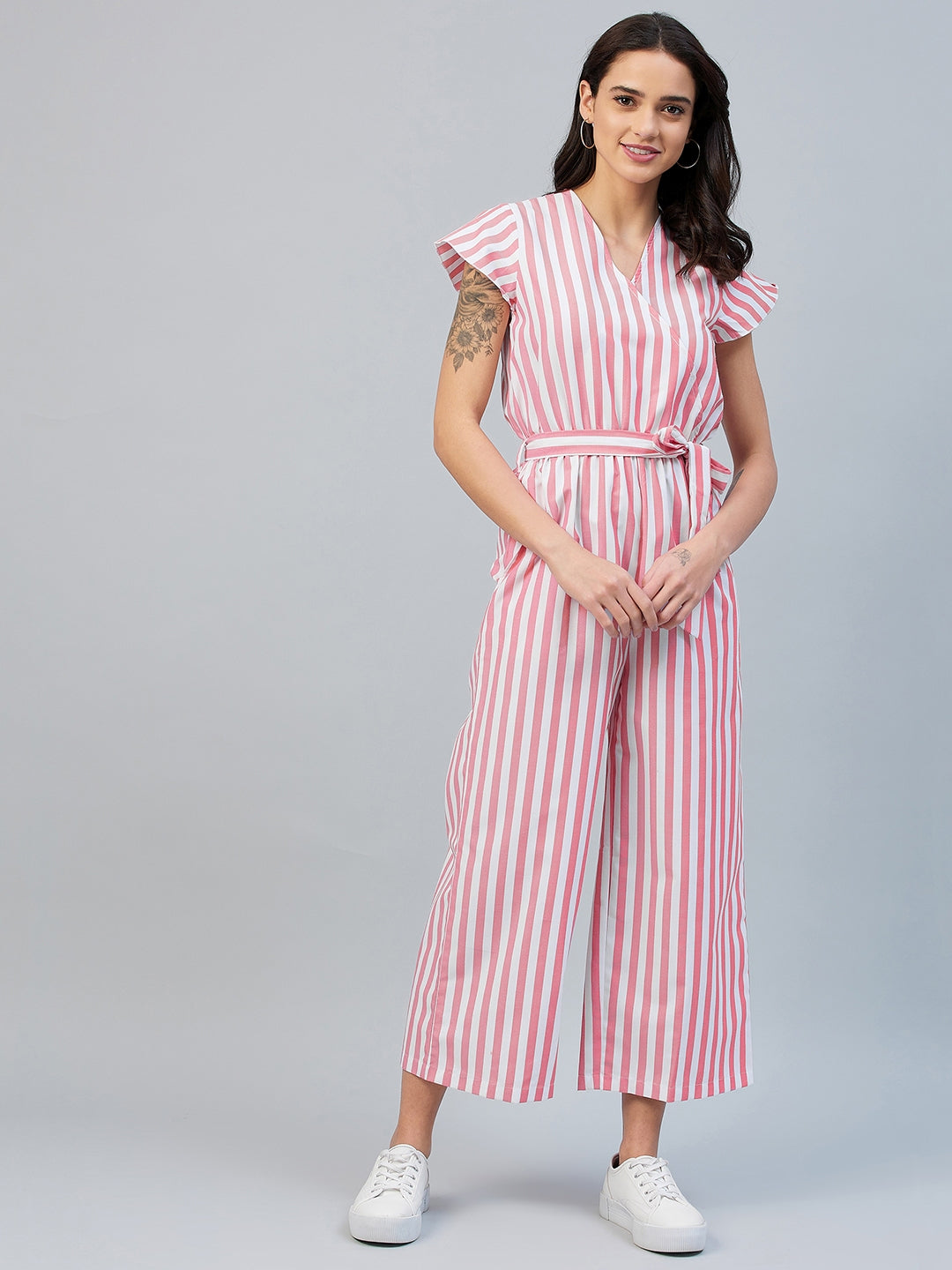 Women's Pink Stripe Wrap Style Jumpsuit