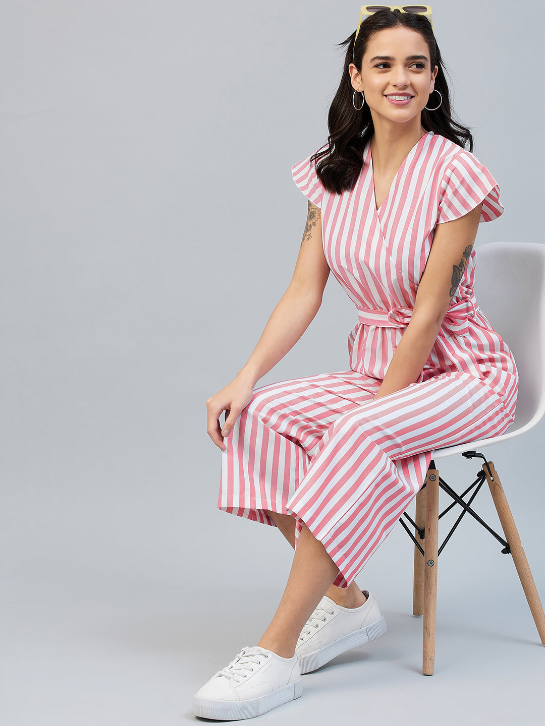 Women's Pink Stripe Wrap Style Jumpsuit