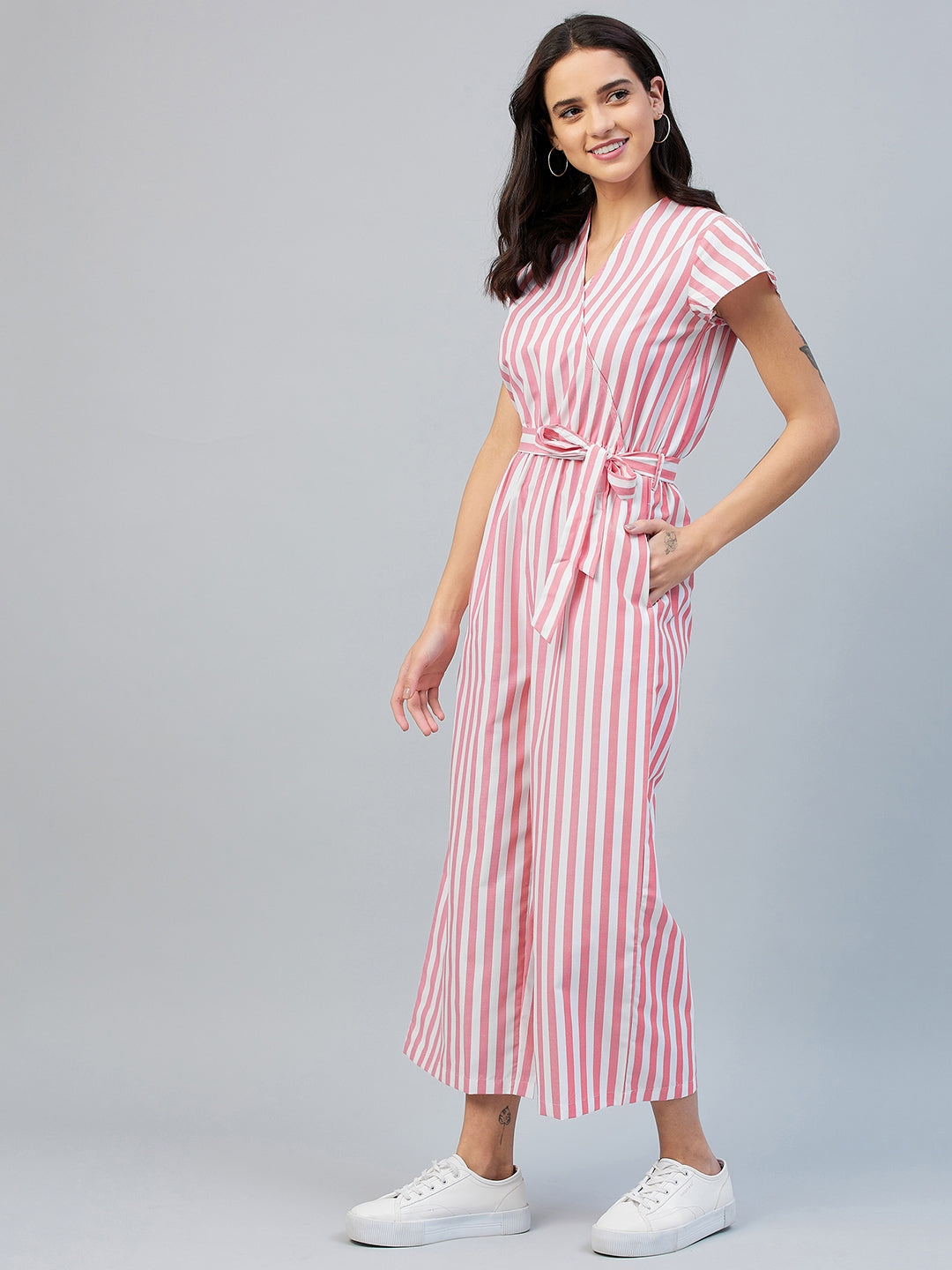 Women's Pink Stripe Wrap Style Jumpsuit