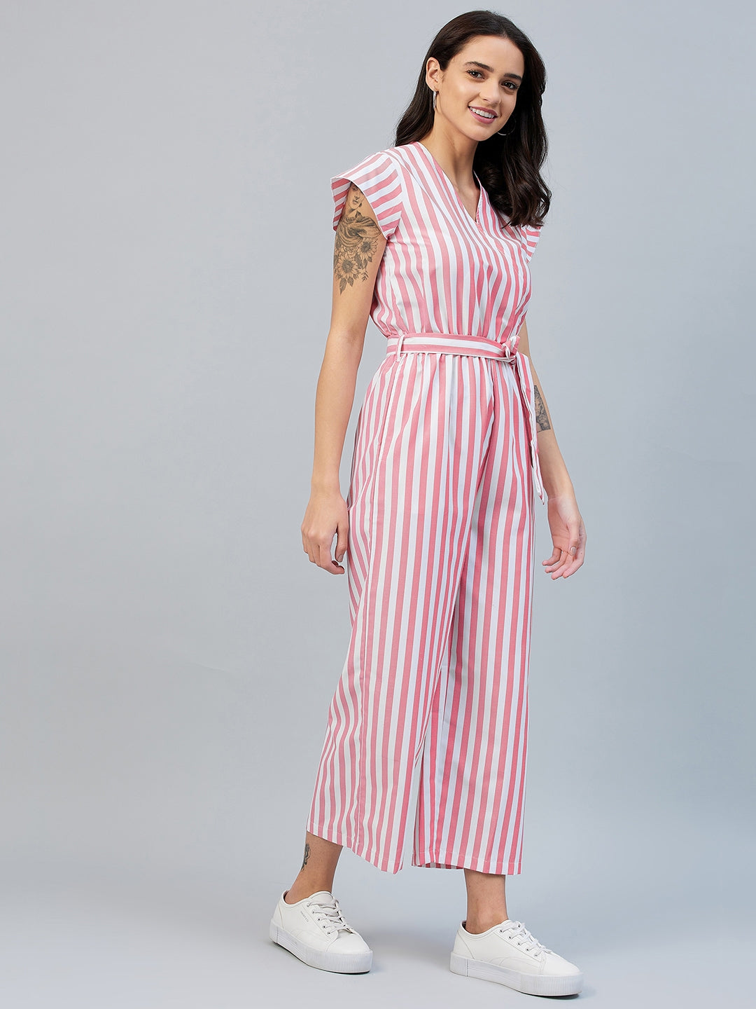 Women's Pink Stripe Wrap Style Jumpsuit