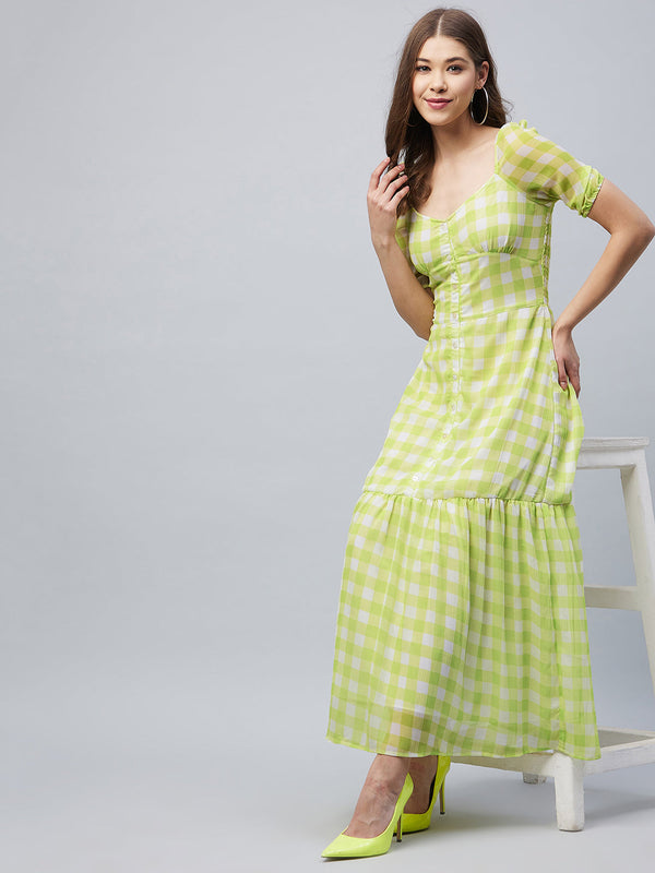Women's LimeGreen Polyester Georgette Checkered Maxi Dress