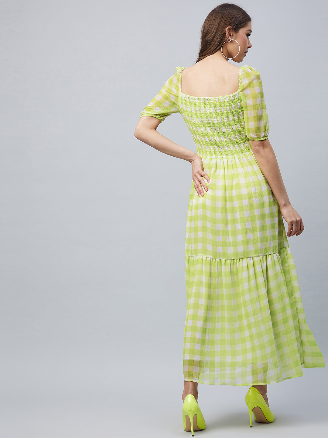 Women's LimeGreen Polyester Georgette Checkered Maxi Dress