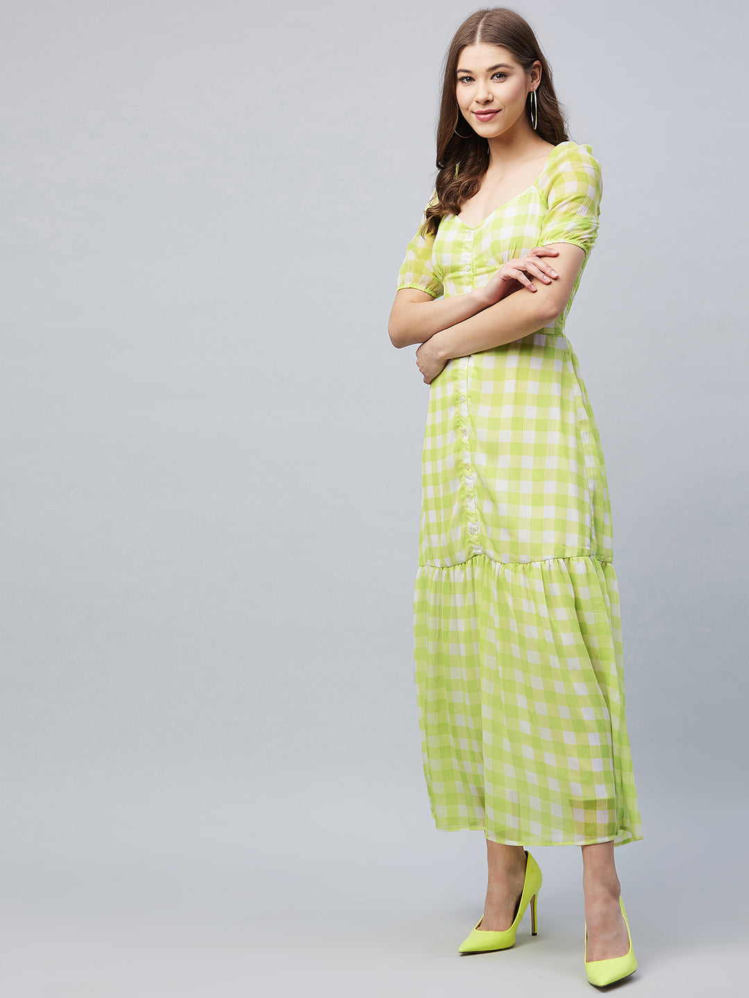 Women's LimeGreen Polyester Georgette Checkered Maxi Dress