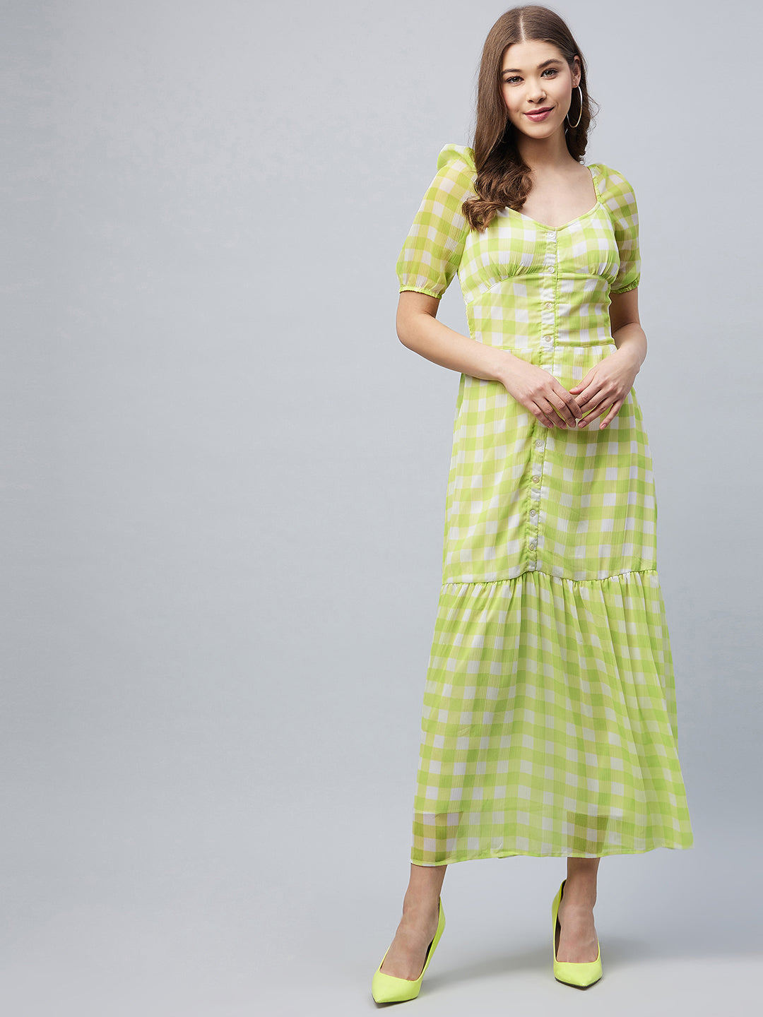 Women's LimeGreen Polyester Georgette Checkered Maxi Dress