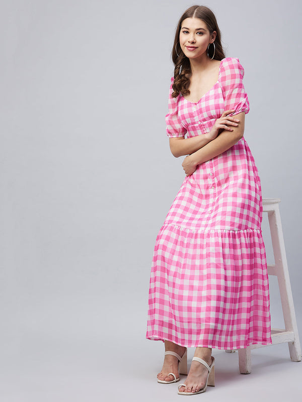 Women's Pink Polyester Georgette Checkered Maxi Dress