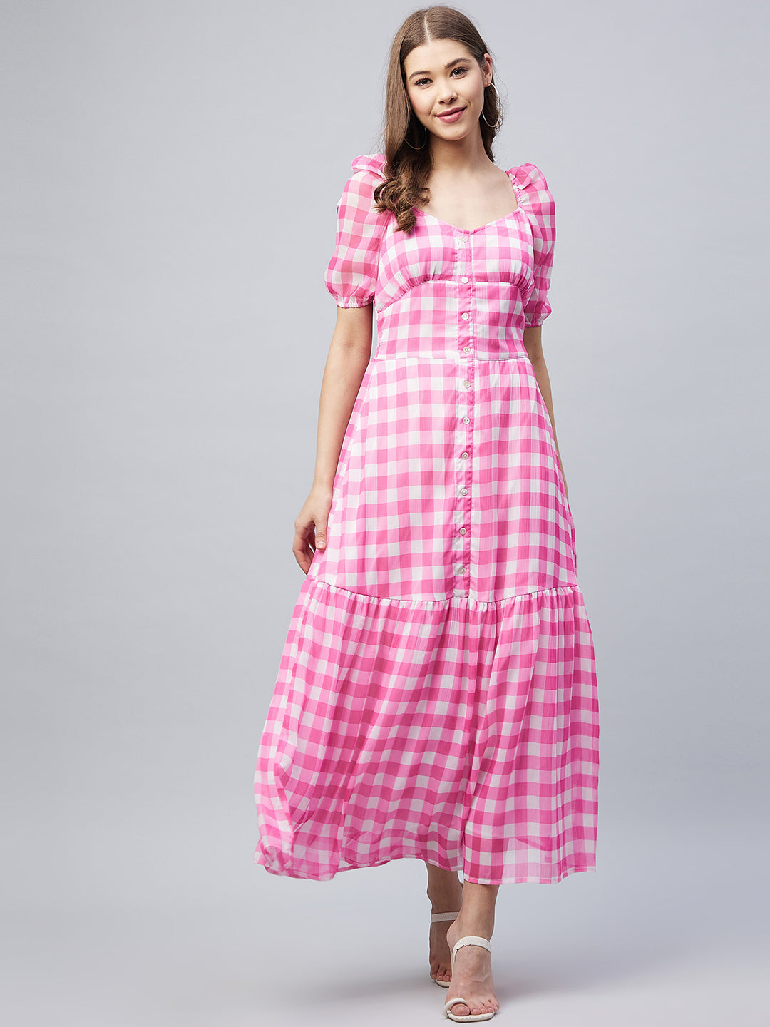 Women's Pink Polyester Georgette Checkered Maxi Dress