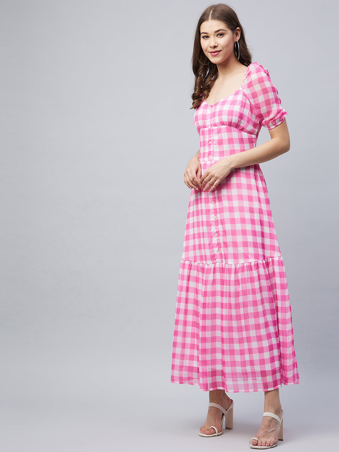 Women's Pink Polyester Georgette Checkered Maxi Dress