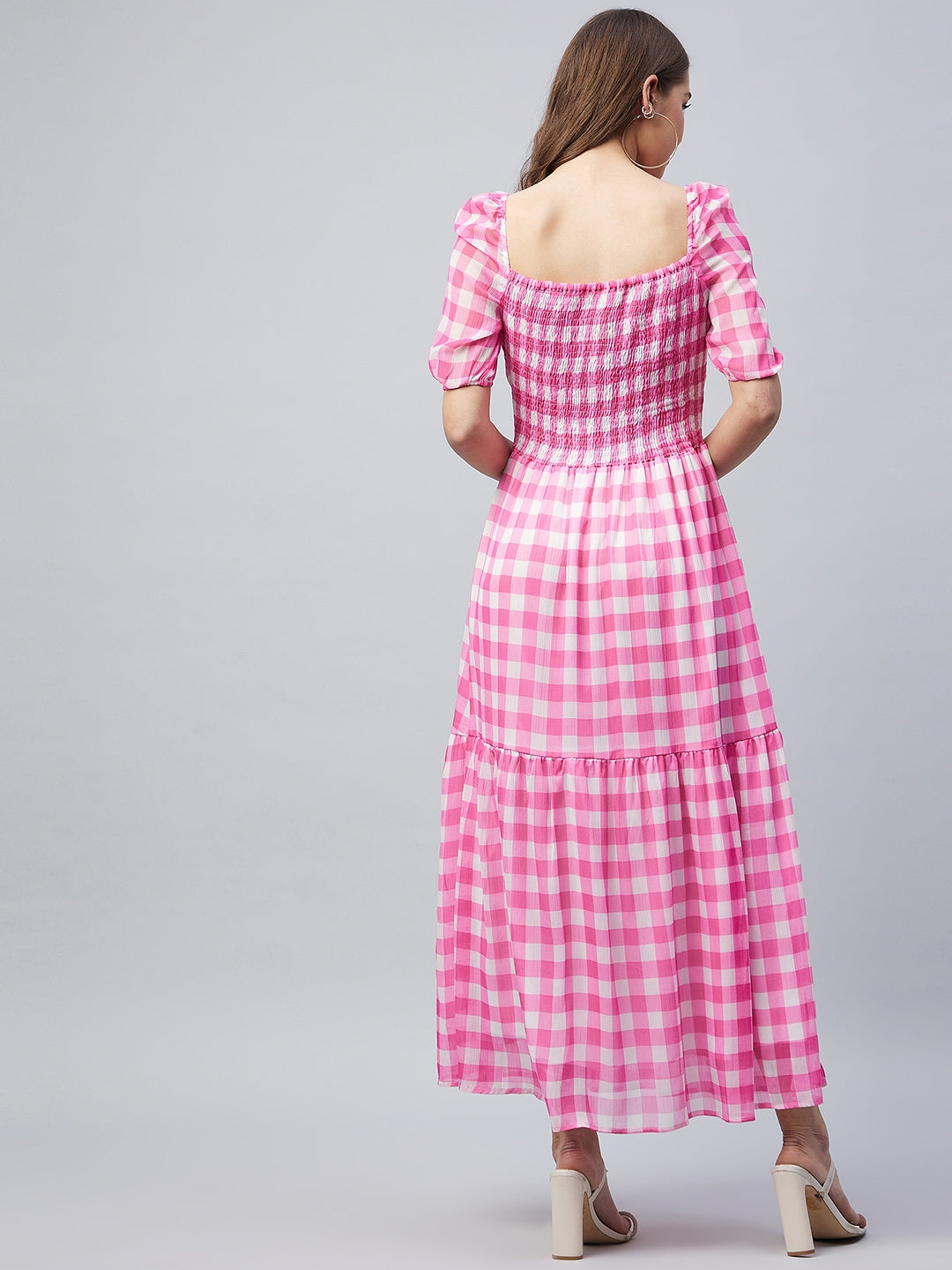 Women's Pink Polyester Georgette Checkered Maxi Dress