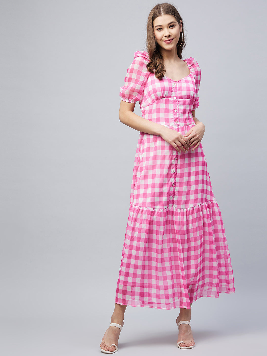 Women's Pink Polyester Georgette Checkered Maxi Dress