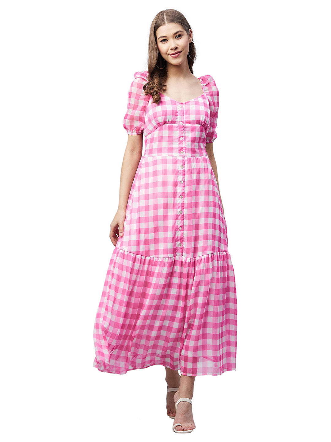 Women's Pink Polyester Georgette Checkered Maxi Dress