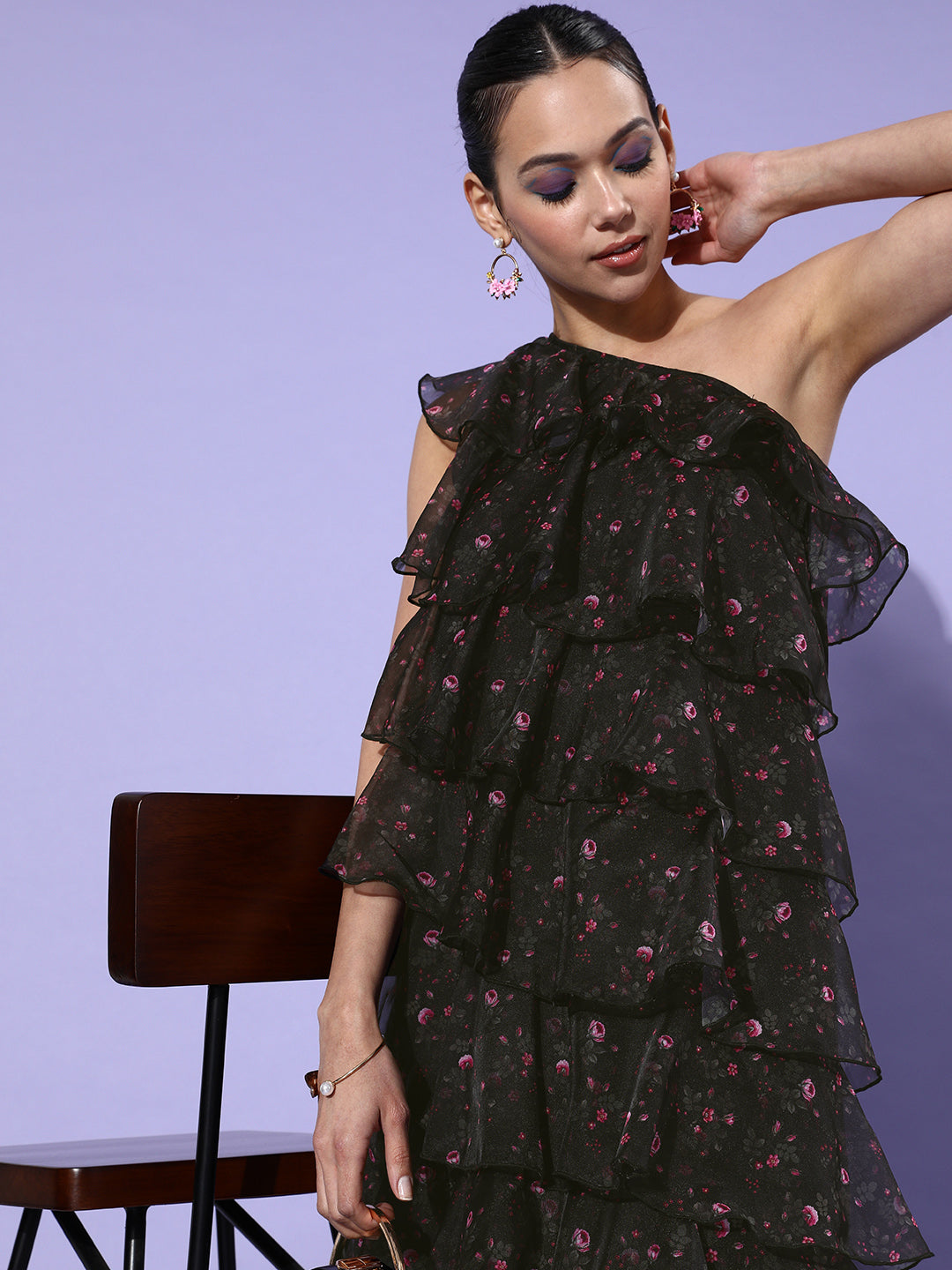 Women's Black Organza Tiered One Shoulder Dress