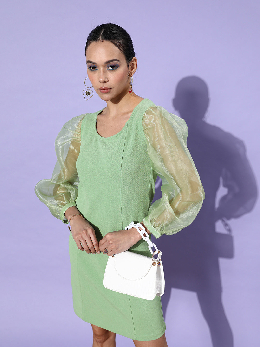 Women's Sheer Green Organza Sleeve Bodycon Dress