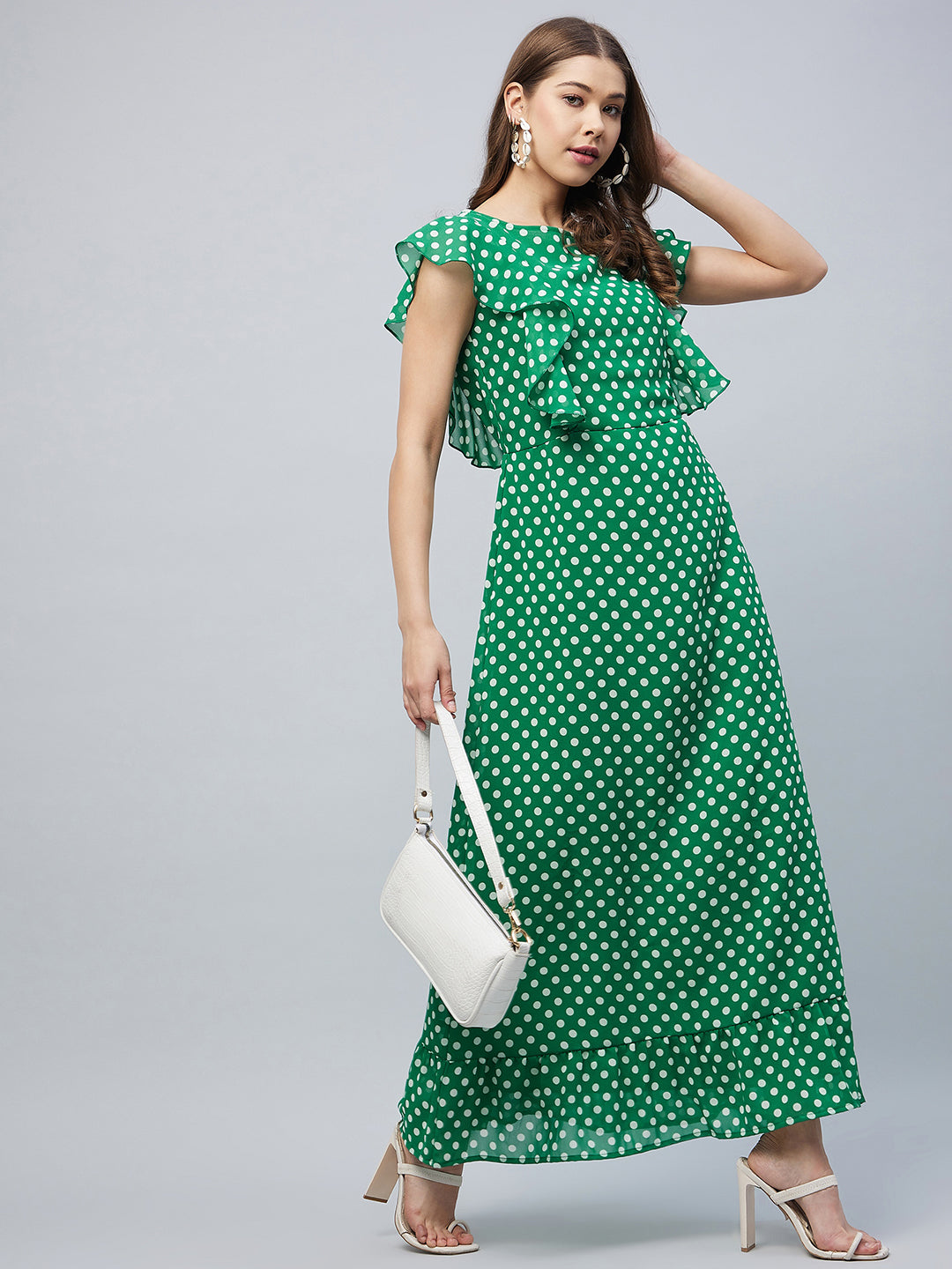 Women's Green Polka Maxi Dress with Flutter Sleeves