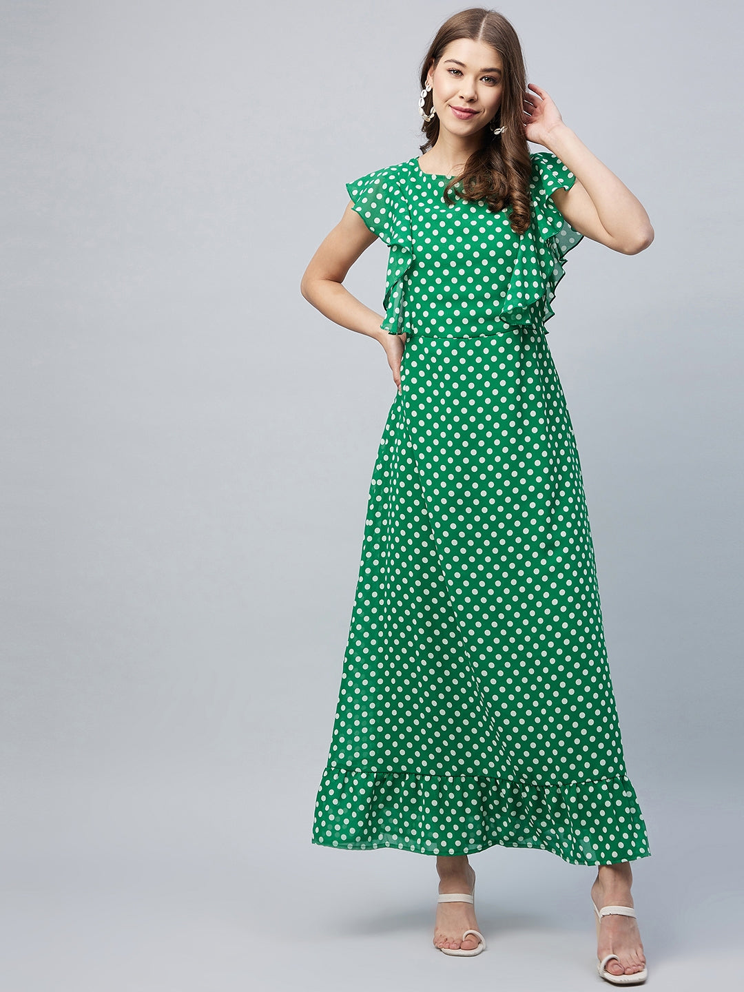 Women's Green Polka Maxi Dress with Flutter Sleeves